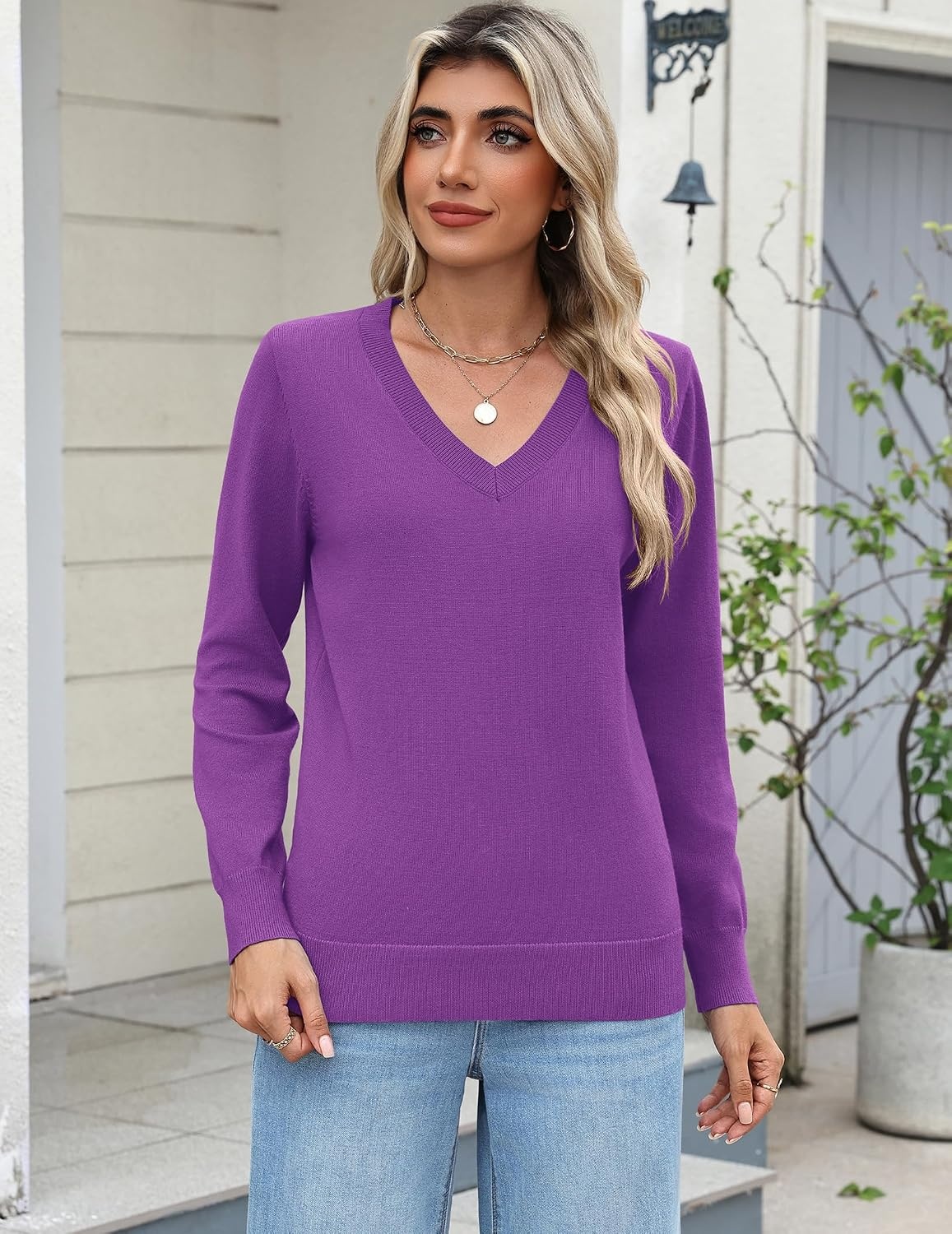 image:imageZeagoo Womens 2026 Fall Long Sleeve Sweaters V Neck Dressy Casual TopsDark Purple