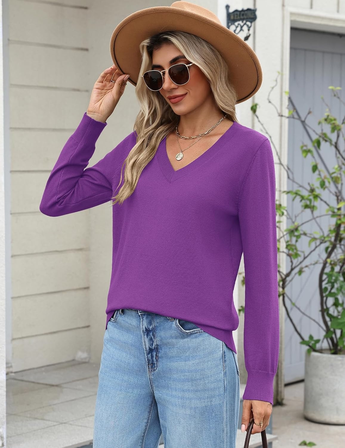 image:imageZeagoo Womens 2026 Fall Long Sleeve Sweaters V Neck Dressy Casual TopsDark Purple