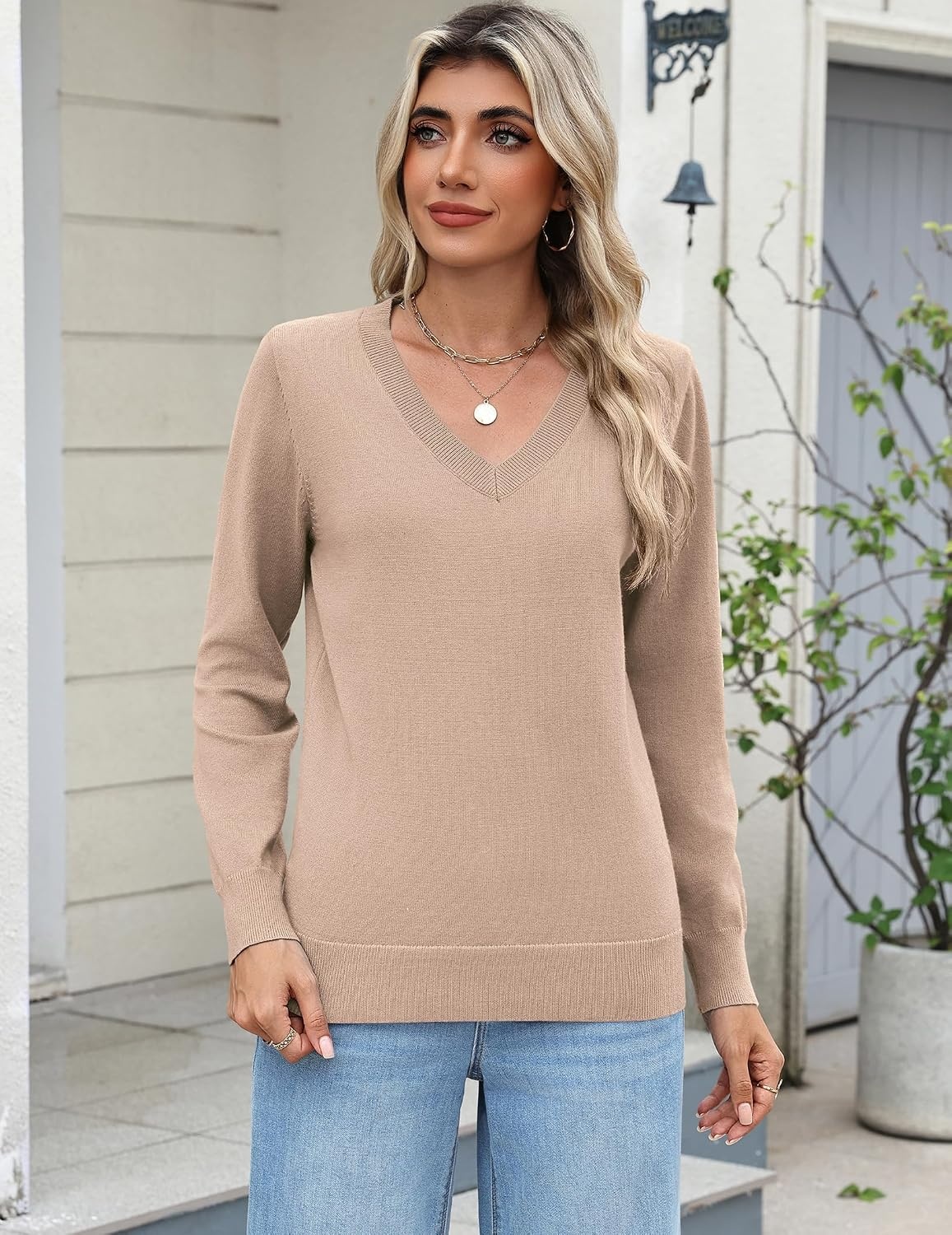 image:imageZeagoo Womens 2026 Fall Long Sleeve Sweaters V Neck Dressy Casual TopsKhaki