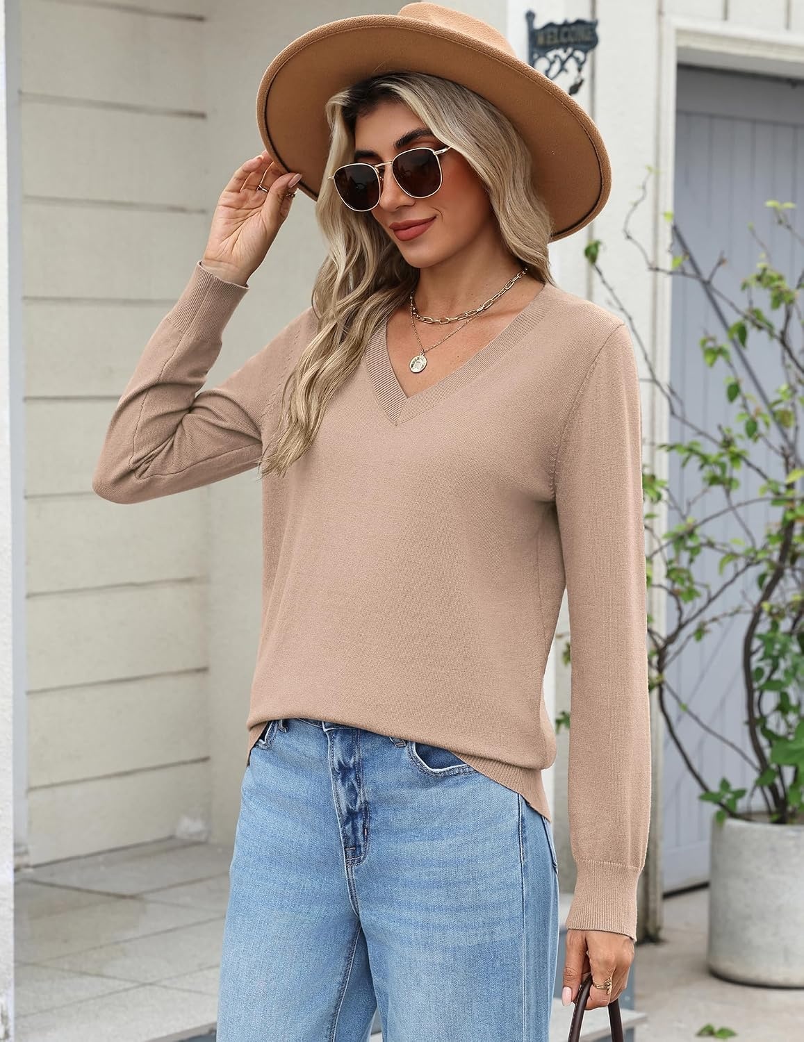 image:imageZeagoo Womens 2026 Fall Long Sleeve Sweaters V Neck Dressy Casual TopsKhaki