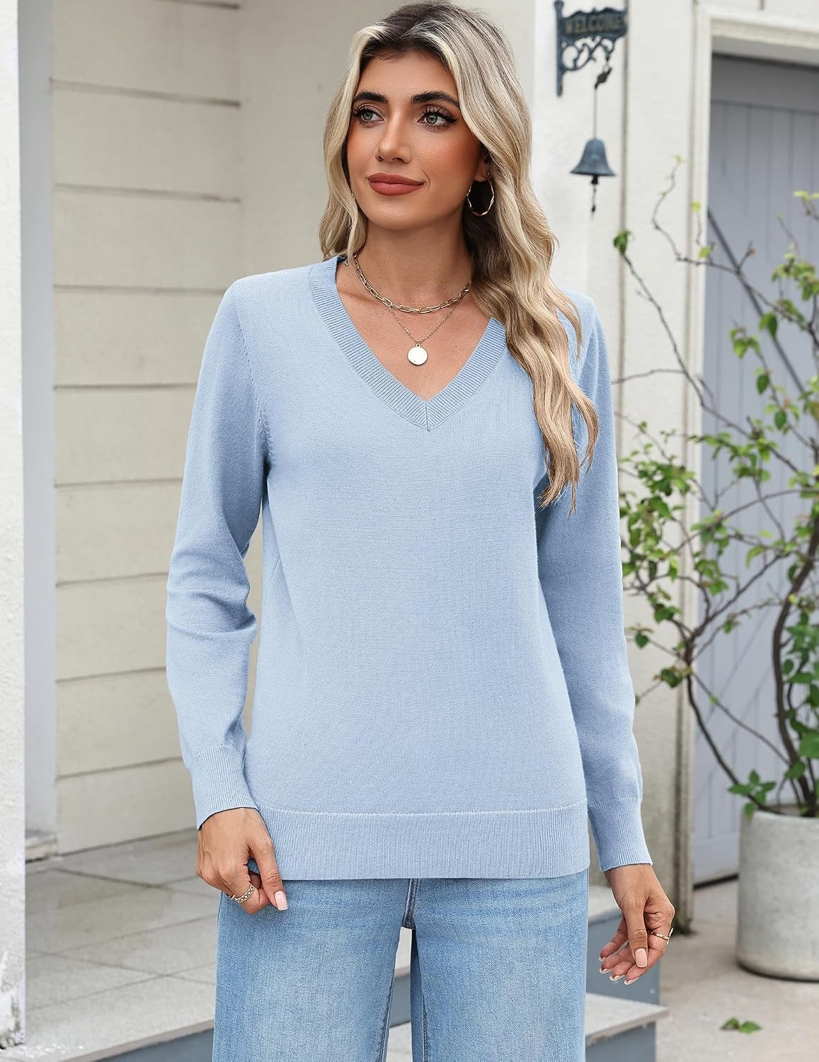 image:imageZeagoo Womens 2026 Fall Long Sleeve Sweaters V Neck Dressy Casual TopsLight Blue