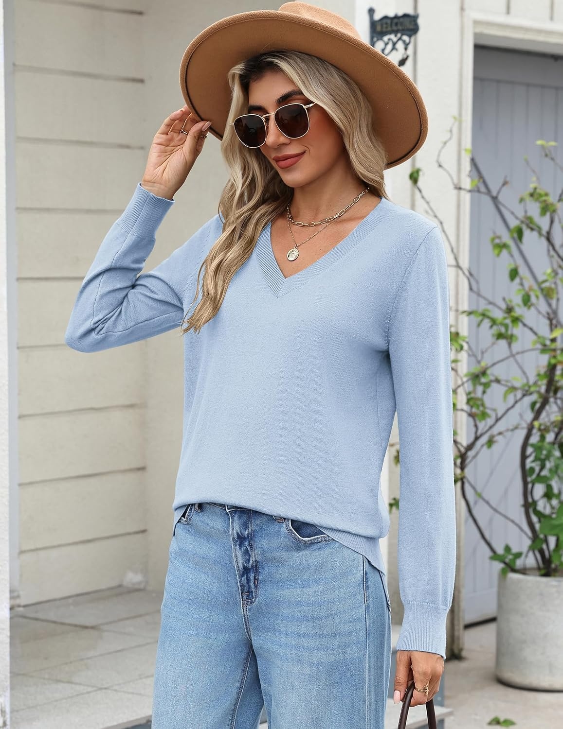 image:imageZeagoo Womens 2026 Fall Long Sleeve Sweaters V Neck Dressy Casual TopsLight Blue