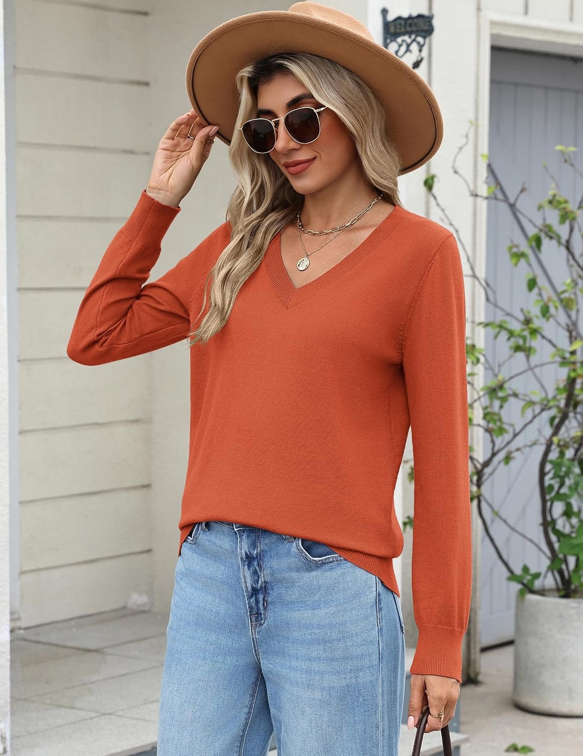 image:imageZeagoo Womens 2026 Fall Long Sleeve Sweaters V Neck Dressy Casual TopsOrange