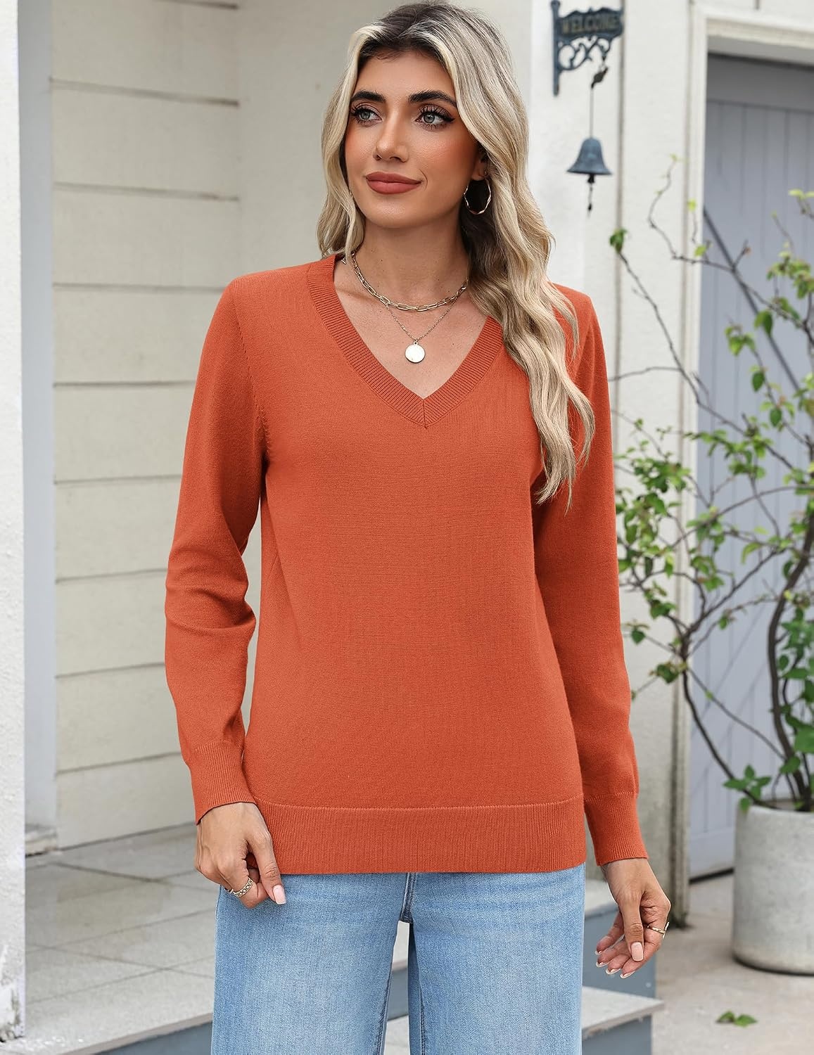 image:imageZeagoo Womens 2026 Fall Long Sleeve Sweaters V Neck Dressy Casual TopsOrange