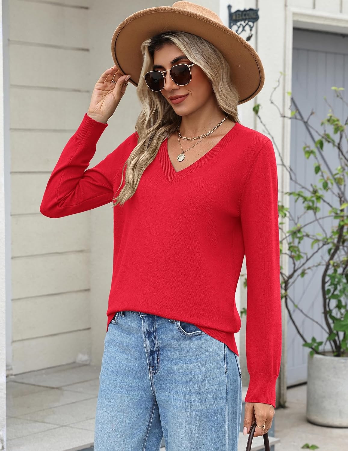 image:imageZeagoo Womens 2026 Fall Long Sleeve Sweaters V Neck Dressy Casual TopsRed
