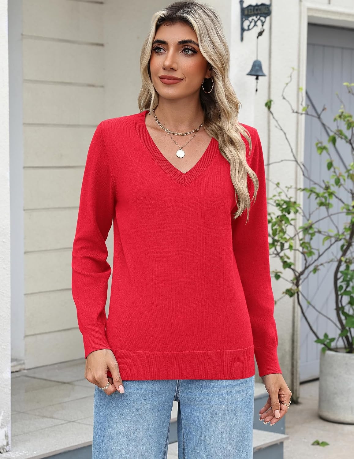 image:imageZeagoo Womens 2026 Fall Long Sleeve Sweaters V Neck Dressy Casual TopsRed