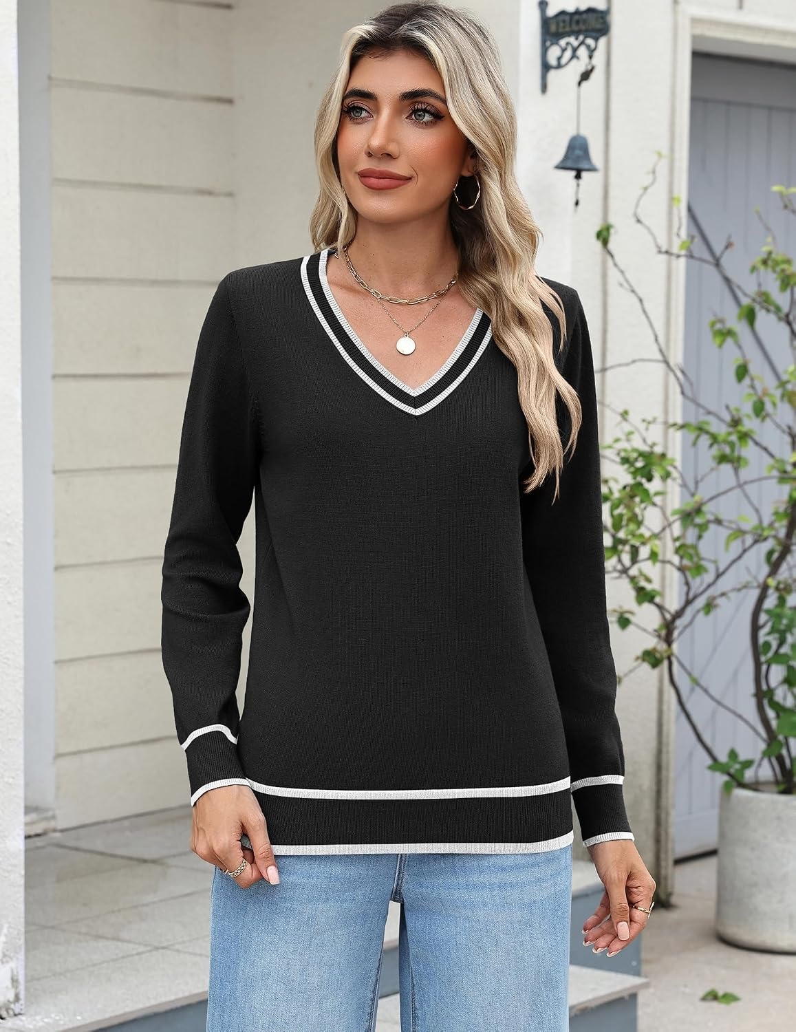 image:imageZeagoo Womens 2026 Fall Long Sleeve Sweaters V Neck Dressy Casual TopsStripeblack