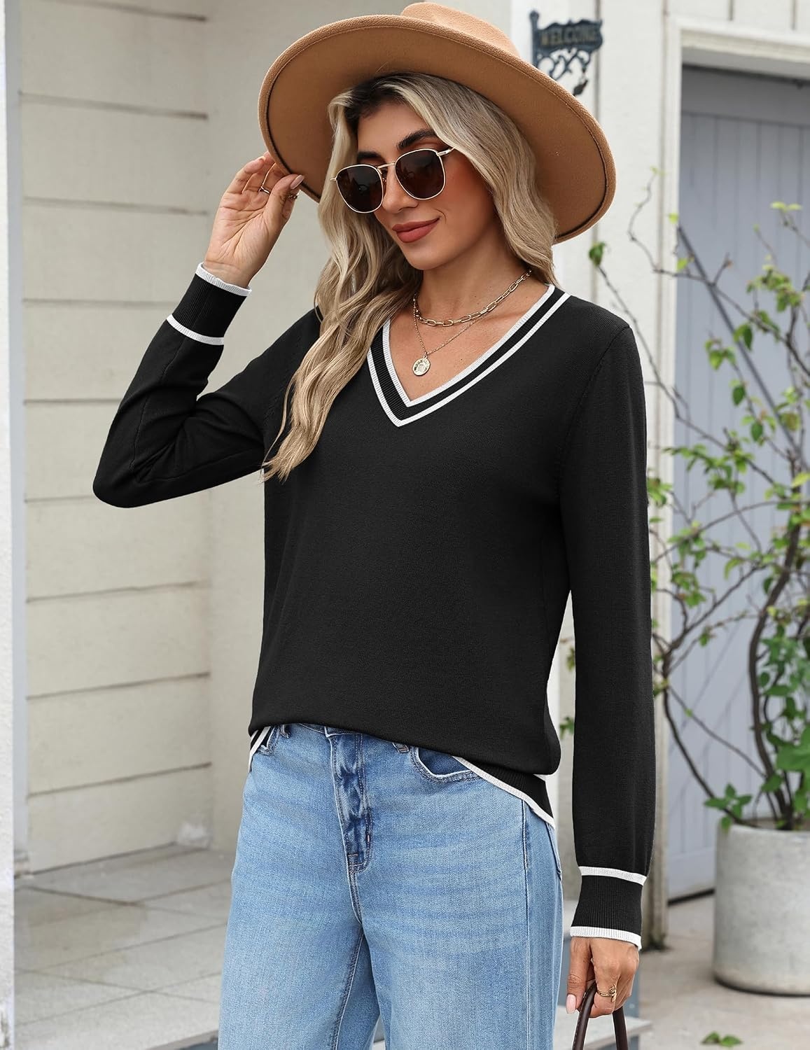 image:imageZeagoo Womens 2026 Fall Long Sleeve Sweaters V Neck Dressy Casual TopsStripeblack
