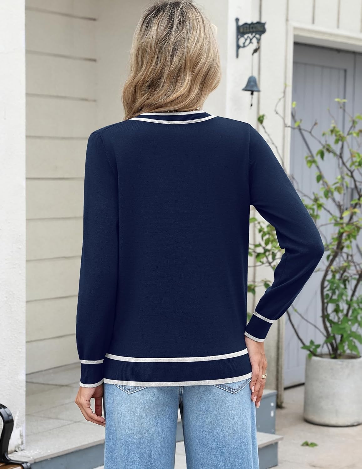 image:imageZeagoo Womens 2026 Fall Long Sleeve Sweaters V Neck Dressy Casual TopsStripenavy Blue