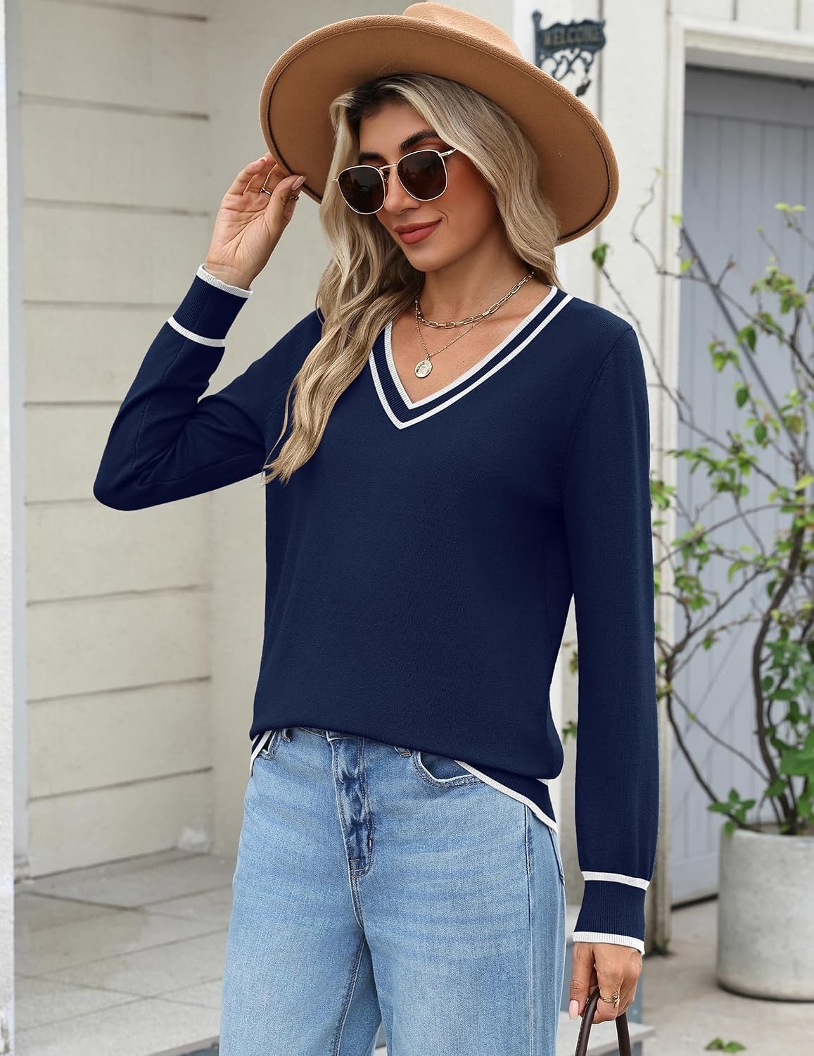 image:imageZeagoo Womens 2026 Fall Long Sleeve Sweaters V Neck Dressy Casual TopsStripenavy Blue