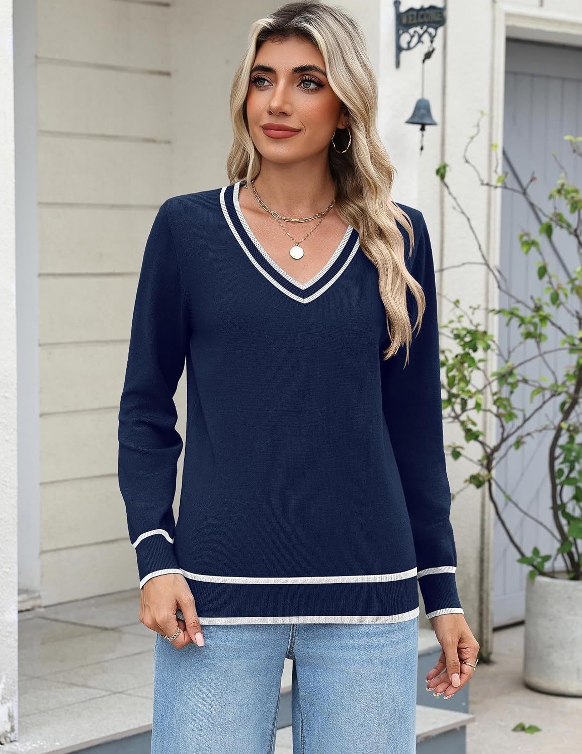image:imageZeagoo Womens 2026 Fall Long Sleeve Sweaters V Neck Dressy Casual TopsStripenavy Blue