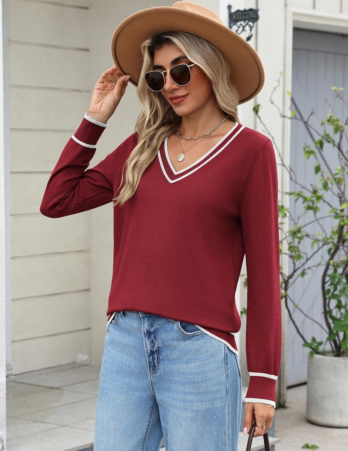 image:imageZeagoo Womens 2026 Fall Long Sleeve Sweaters V Neck Dressy Casual TopsStripewine Red
