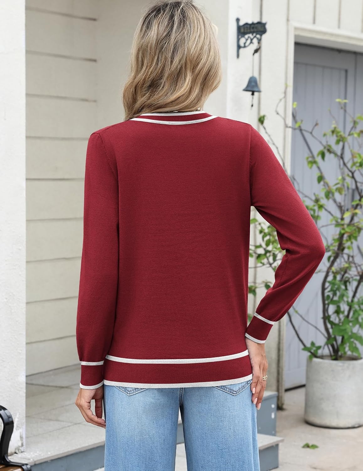 image:imageZeagoo Womens 2026 Fall Long Sleeve Sweaters V Neck Dressy Casual TopsStripewine Red