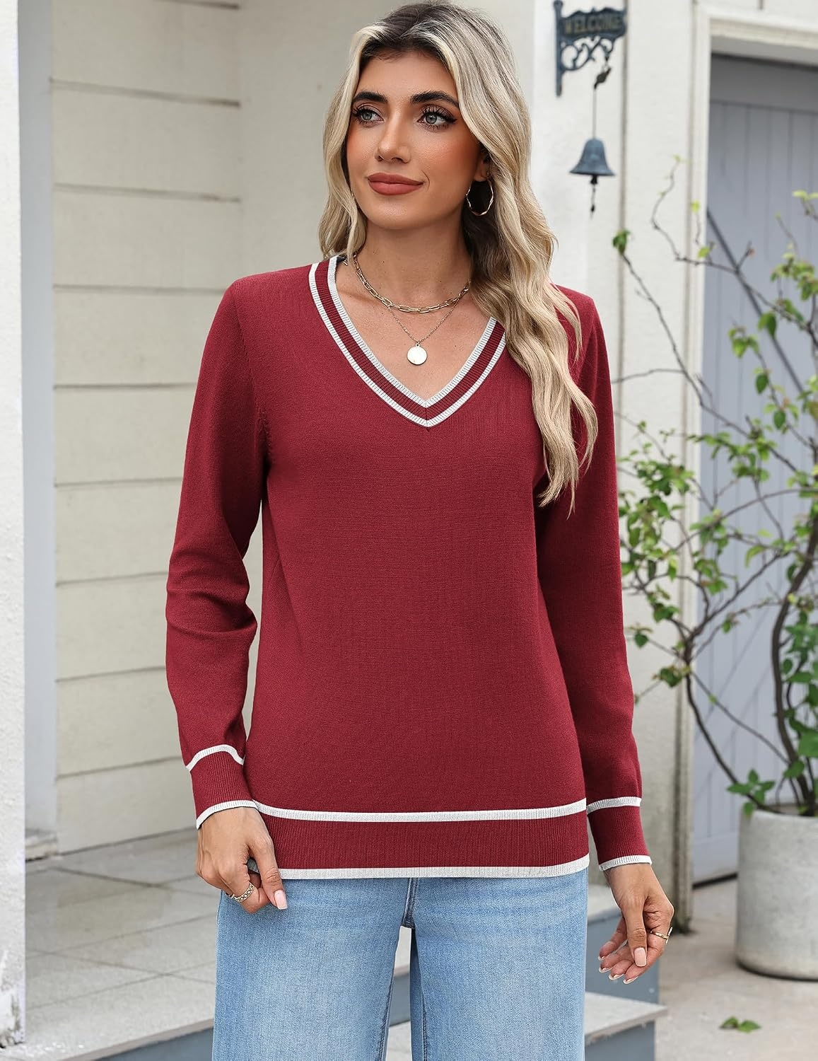 image:imageZeagoo Womens 2026 Fall Long Sleeve Sweaters V Neck Dressy Casual TopsStripewine Red