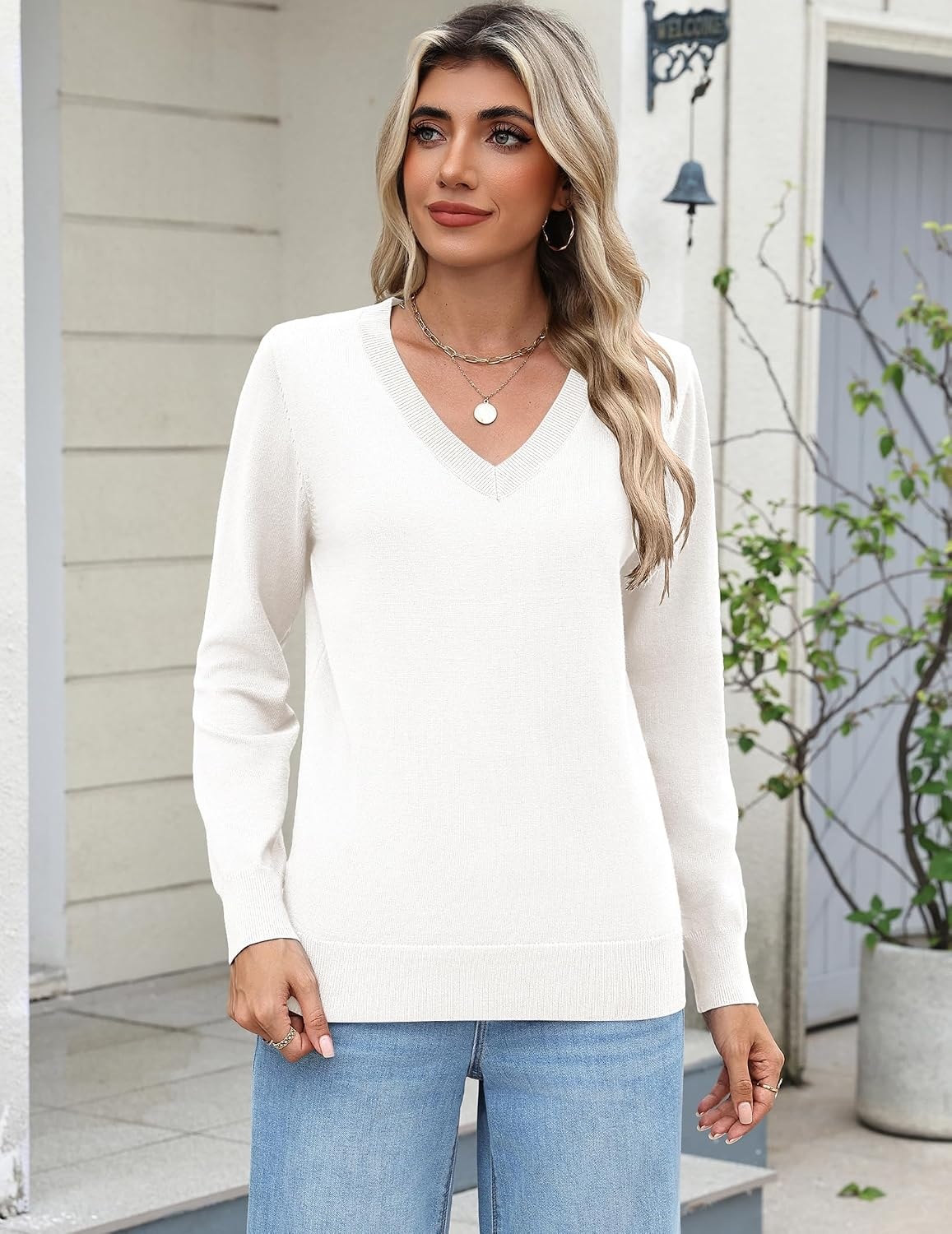image:imageZeagoo Womens 2026 Fall Long Sleeve Sweaters V Neck Dressy Casual TopsWhite