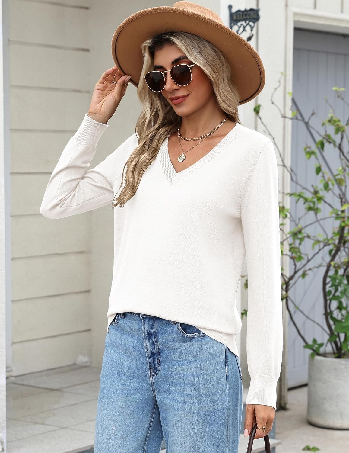 image:imageZeagoo Womens 2026 Fall Long Sleeve Sweaters V Neck Dressy Casual TopsWhite