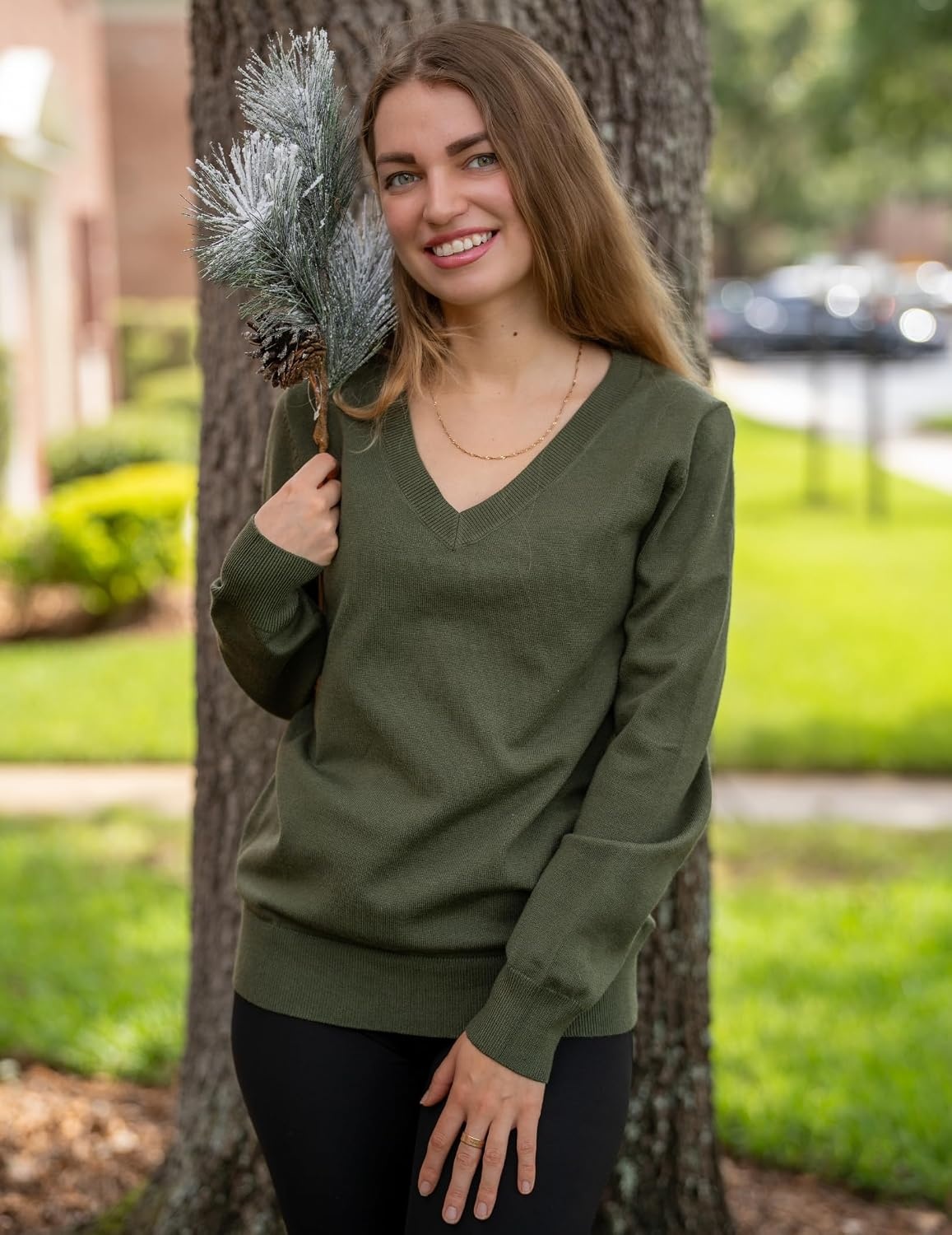 image:imageZeagoo Womens 2026 Fall V Neck Sweaters Long Sleeve Tops Fashion ClothingArmy Green