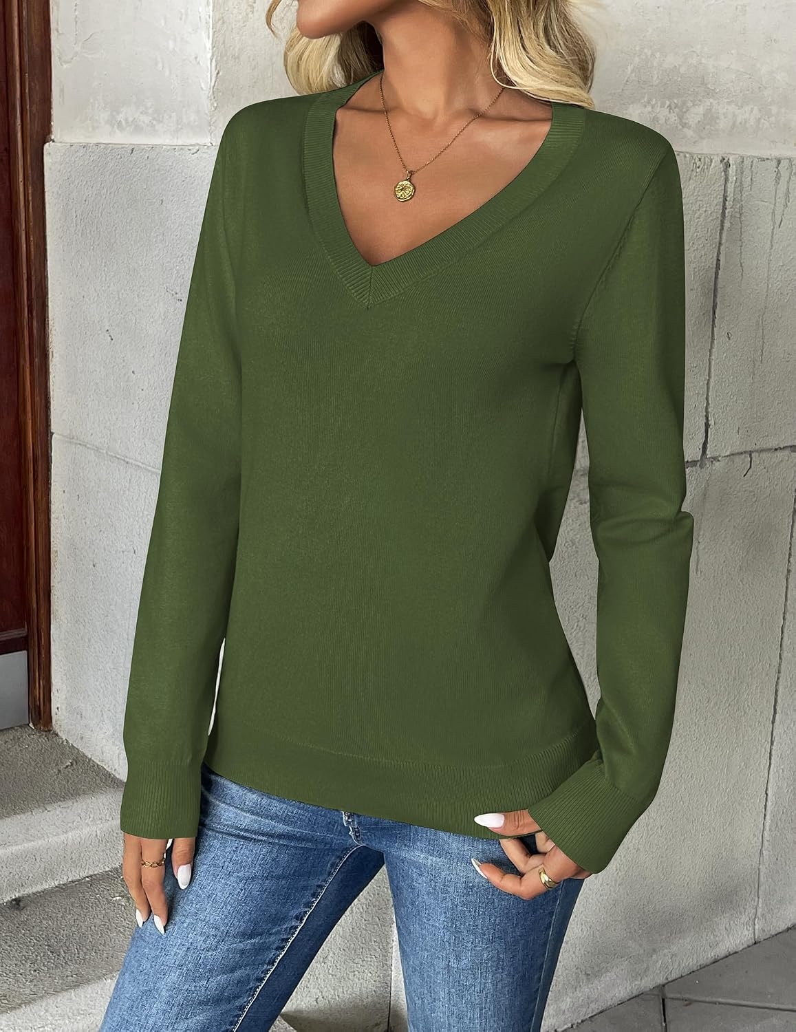 image:imageZeagoo Womens 2026 Fall V Neck Sweaters Long Sleeve Tops Fashion ClothingArmy Green