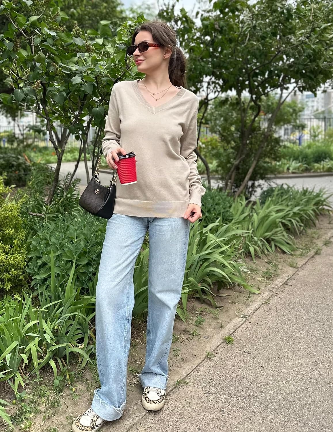 image:imageZeagoo Womens 2026 Fall V Neck Sweaters Long Sleeve Tops Fashion ClothingBeige