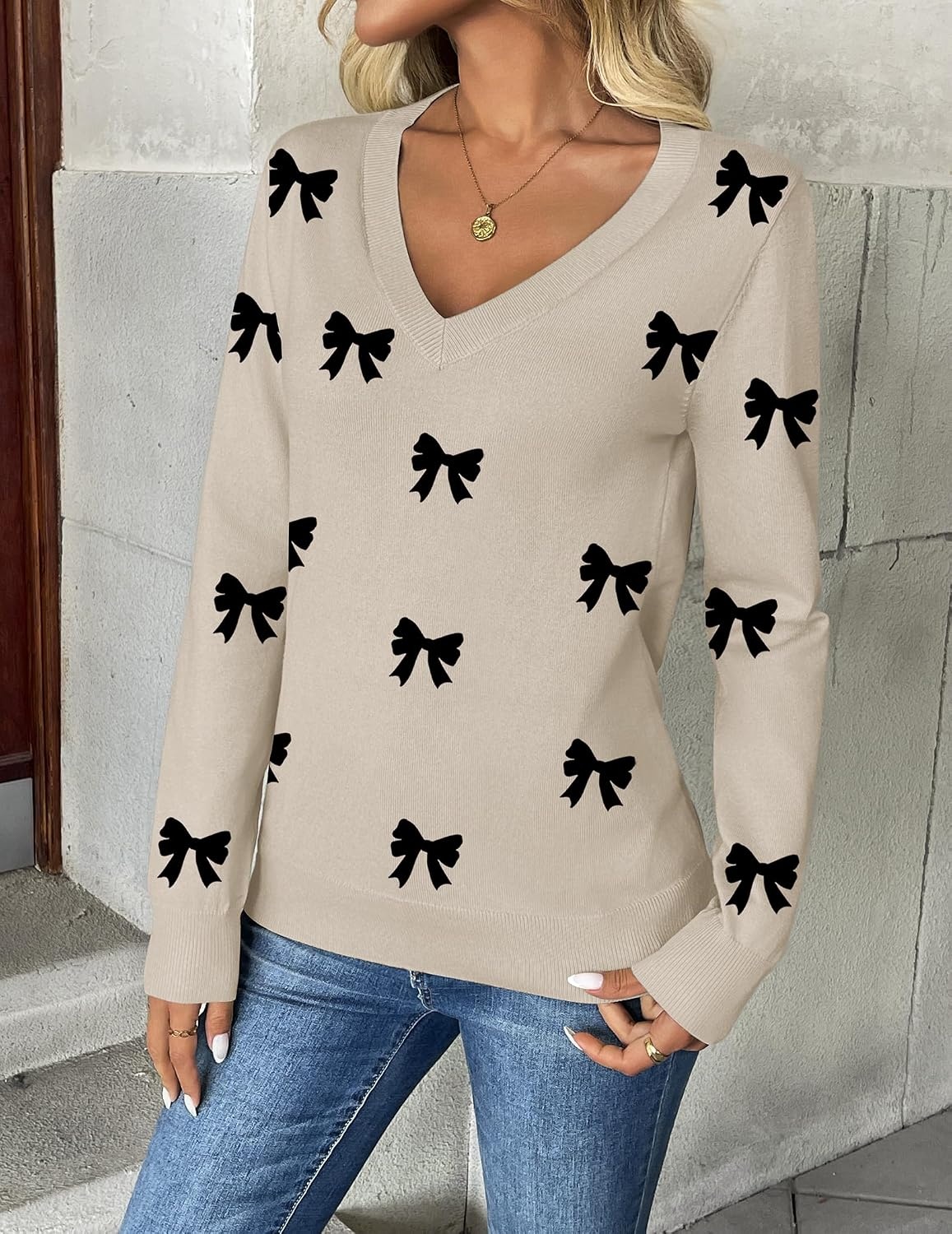 image:imageZeagoo Womens 2026 Fall V Neck Sweaters Long Sleeve Tops Fashion ClothingBowknot Apricot