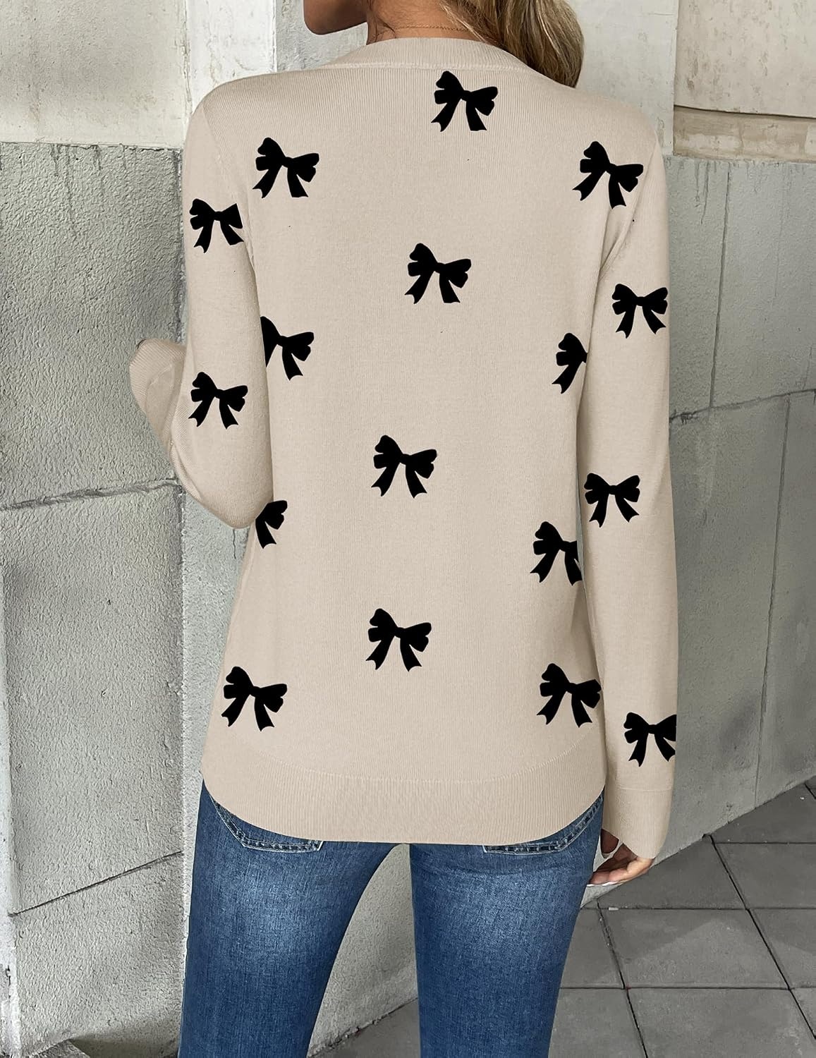 image:imageZeagoo Womens 2026 Fall V Neck Sweaters Long Sleeve Tops Fashion ClothingBowknot Apricot
