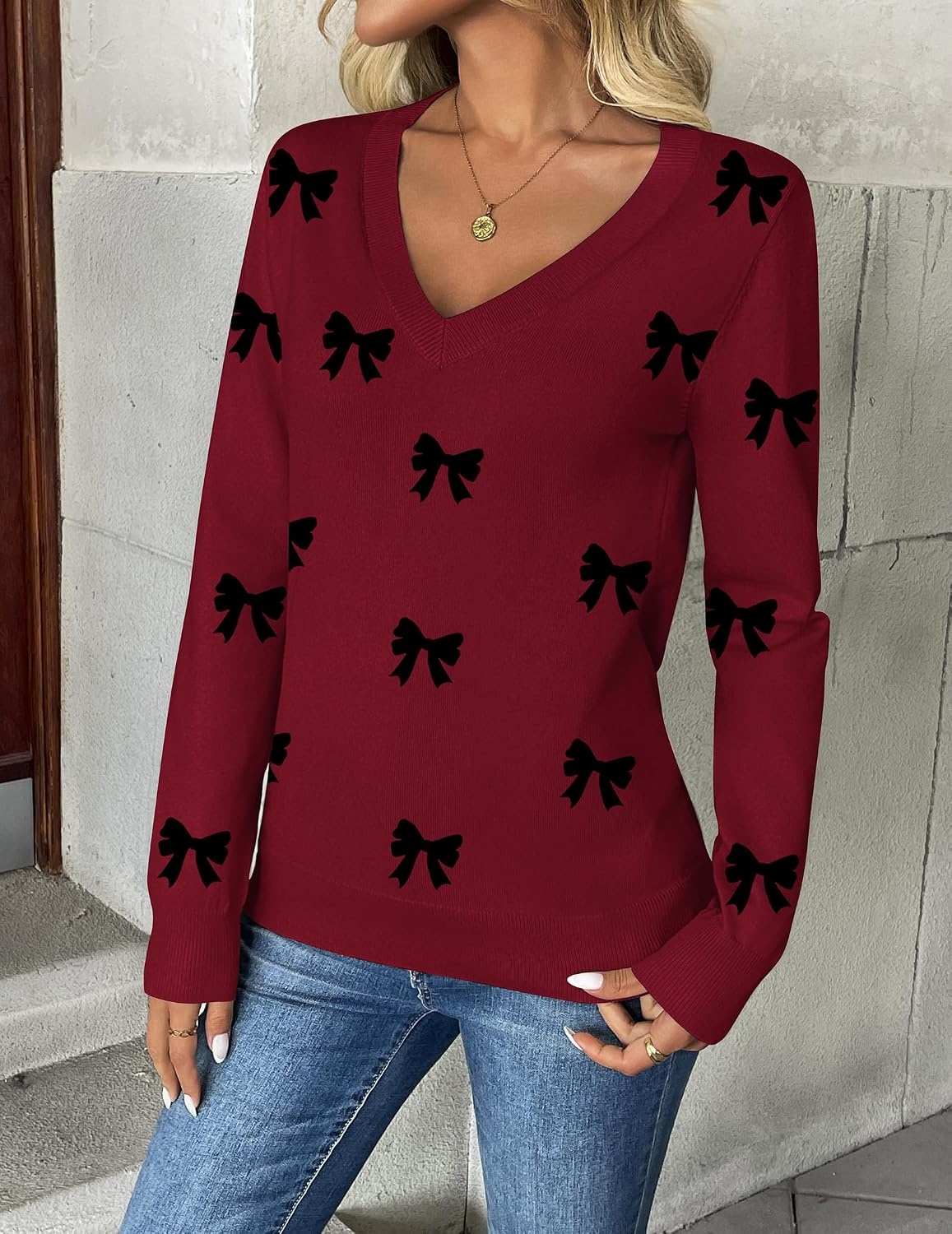 image:imageZeagoo Womens 2026 Fall V Neck Sweaters Long Sleeve Tops Fashion ClothingBowknot Red