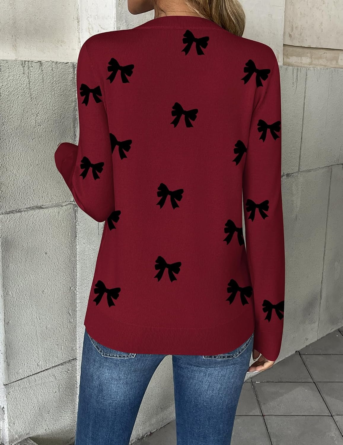image:imageZeagoo Womens 2026 Fall V Neck Sweaters Long Sleeve Tops Fashion ClothingBowknot Red