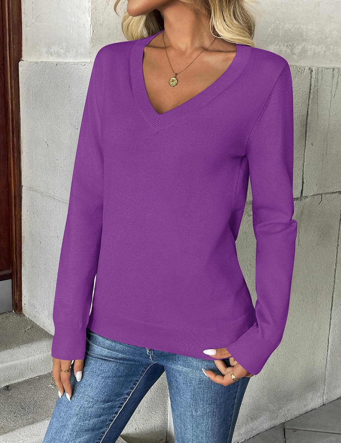 image:imageZeagoo Womens 2026 Fall V Neck Sweaters Long Sleeve Tops Fashion ClothingDark Purple