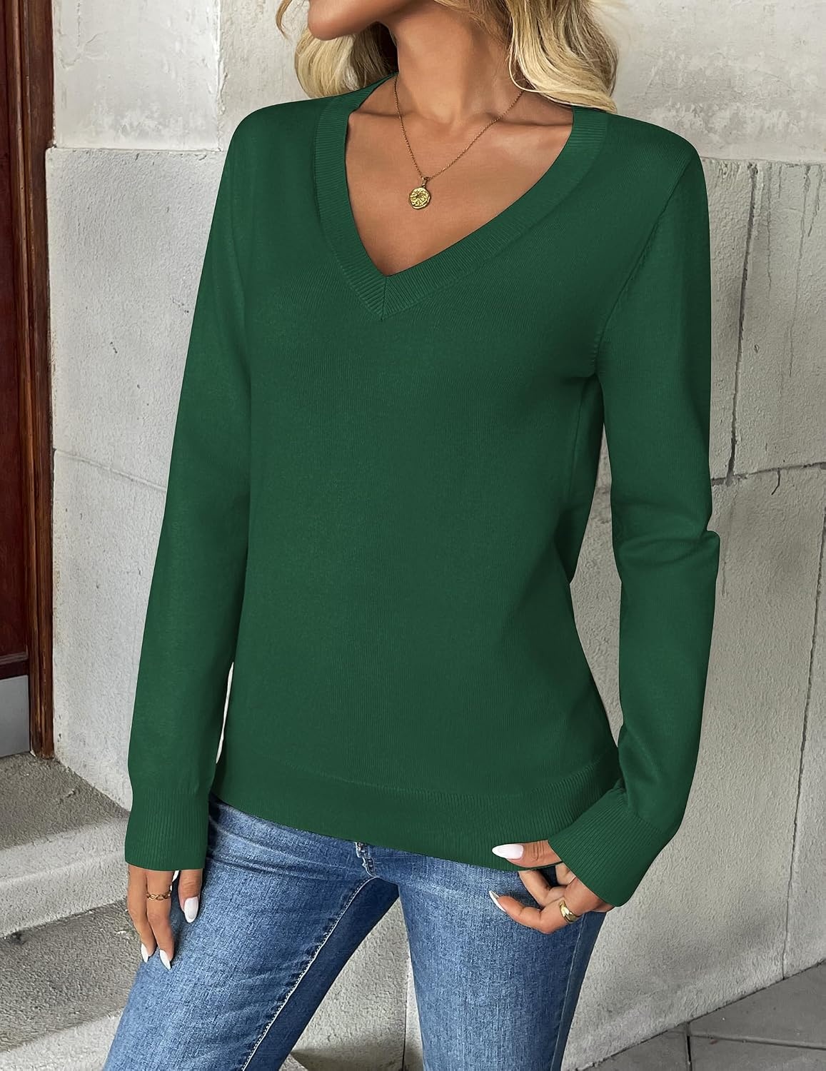 image:imageZeagoo Womens 2026 Fall V Neck Sweaters Long Sleeve Tops Fashion ClothingGreen
