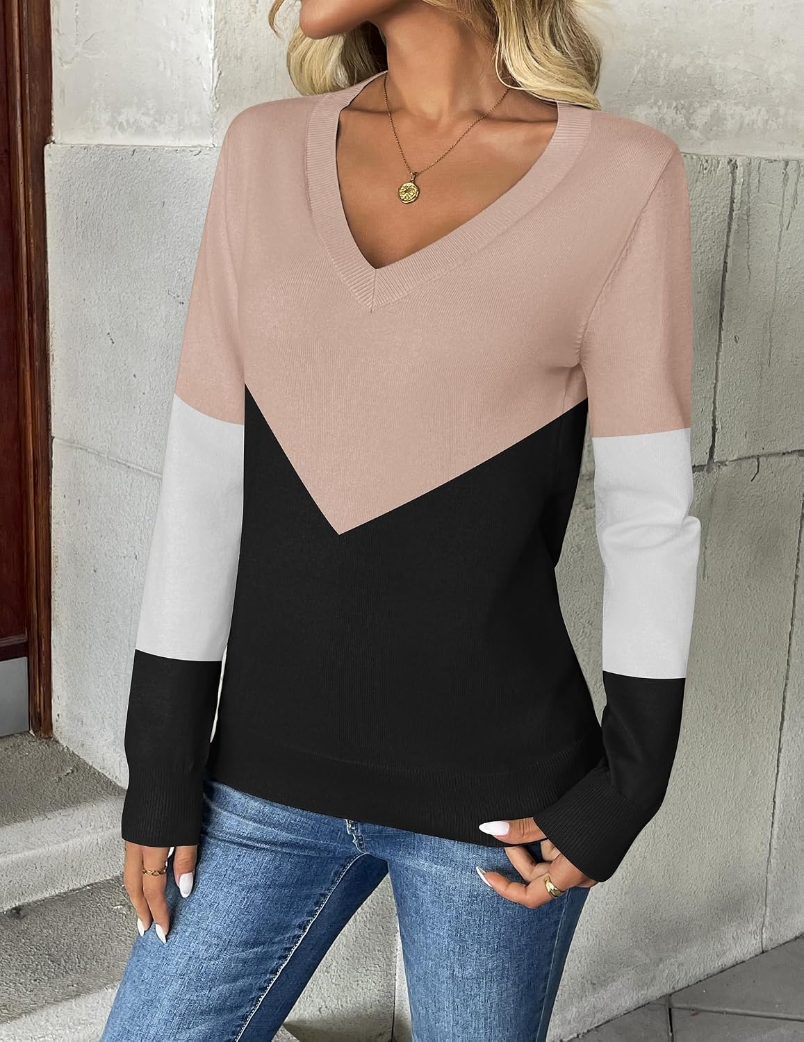 image:imageZeagoo Womens 2026 Fall V Neck Sweaters Long Sleeve Tops Fashion ClothingKhaki Black Colorblock