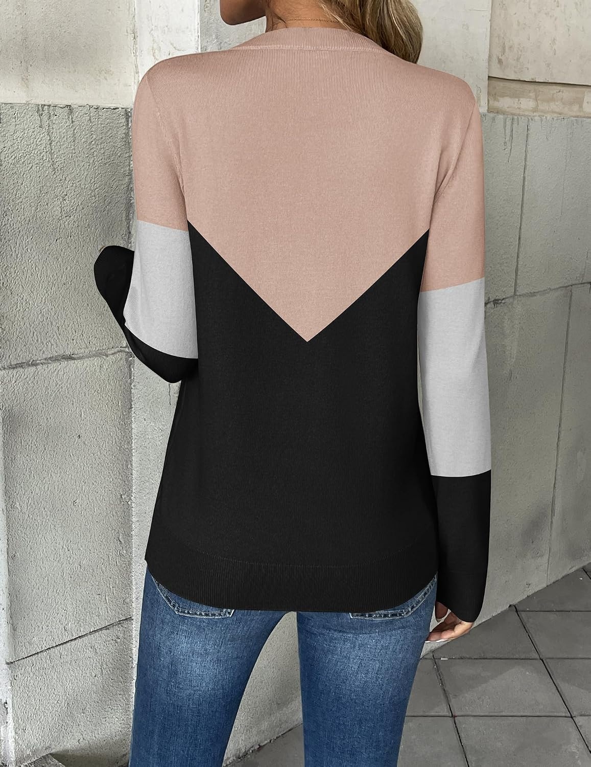 image:imageZeagoo Womens 2026 Fall V Neck Sweaters Long Sleeve Tops Fashion ClothingKhaki Black Colorblock