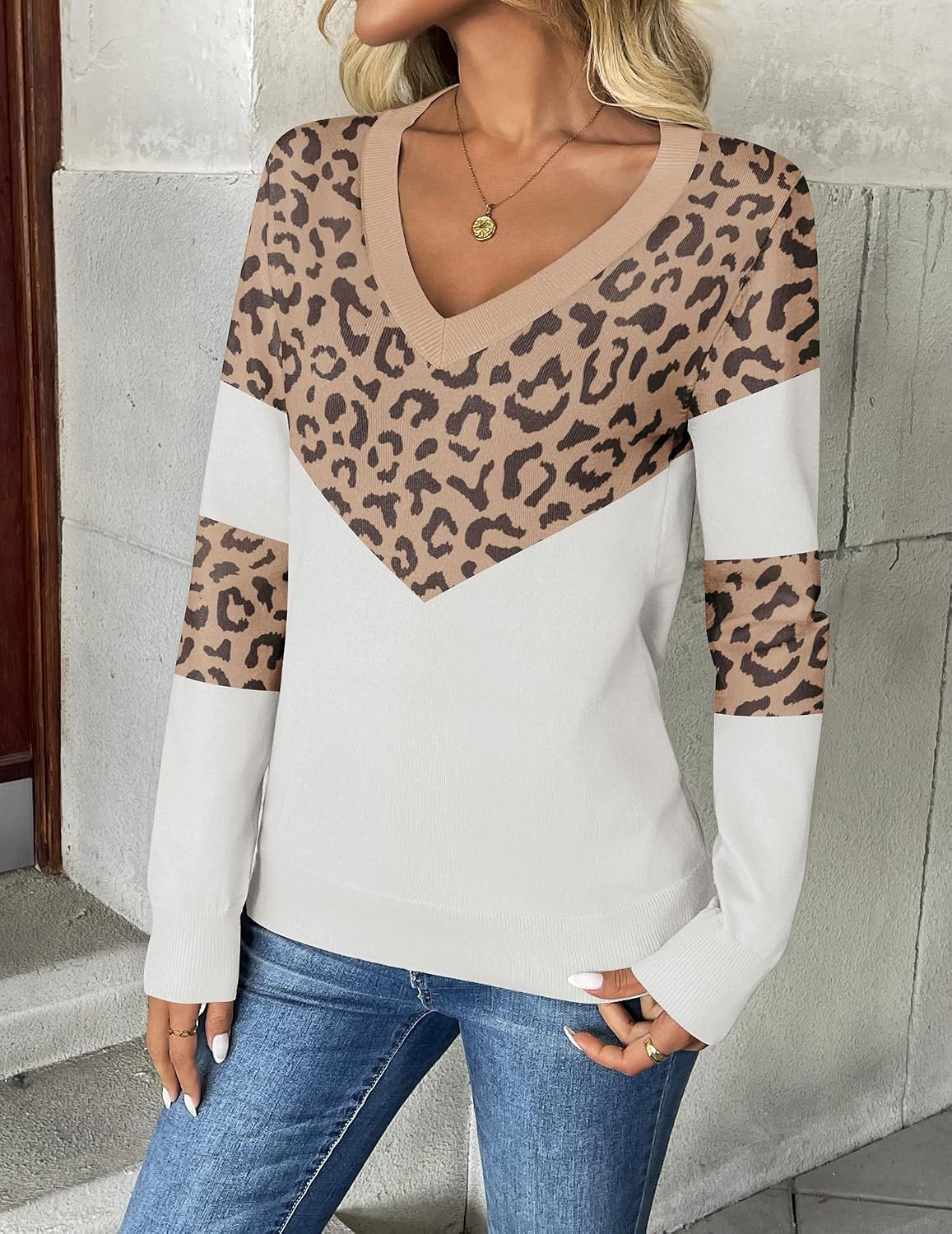image:imageZeagoo Womens 2026 Fall V Neck Sweaters Long Sleeve Tops Fashion ClothingLeopard Khaki