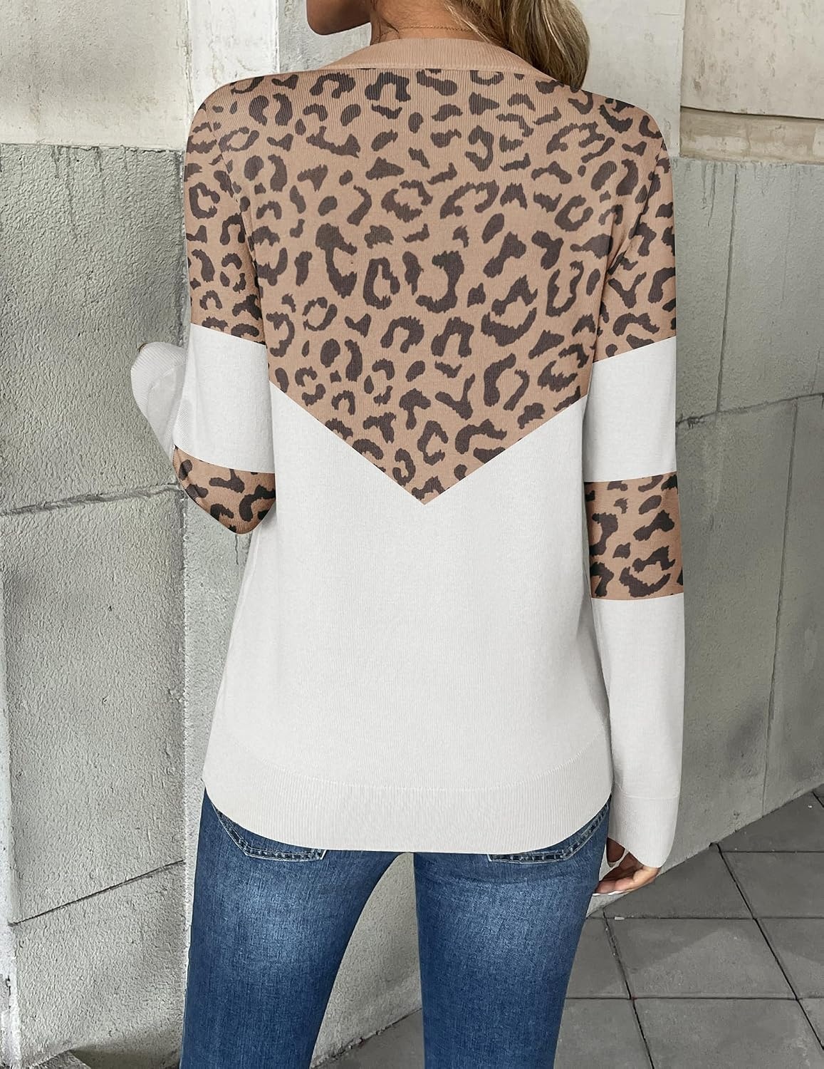image:imageZeagoo Womens 2026 Fall V Neck Sweaters Long Sleeve Tops Fashion ClothingLeopard Khaki