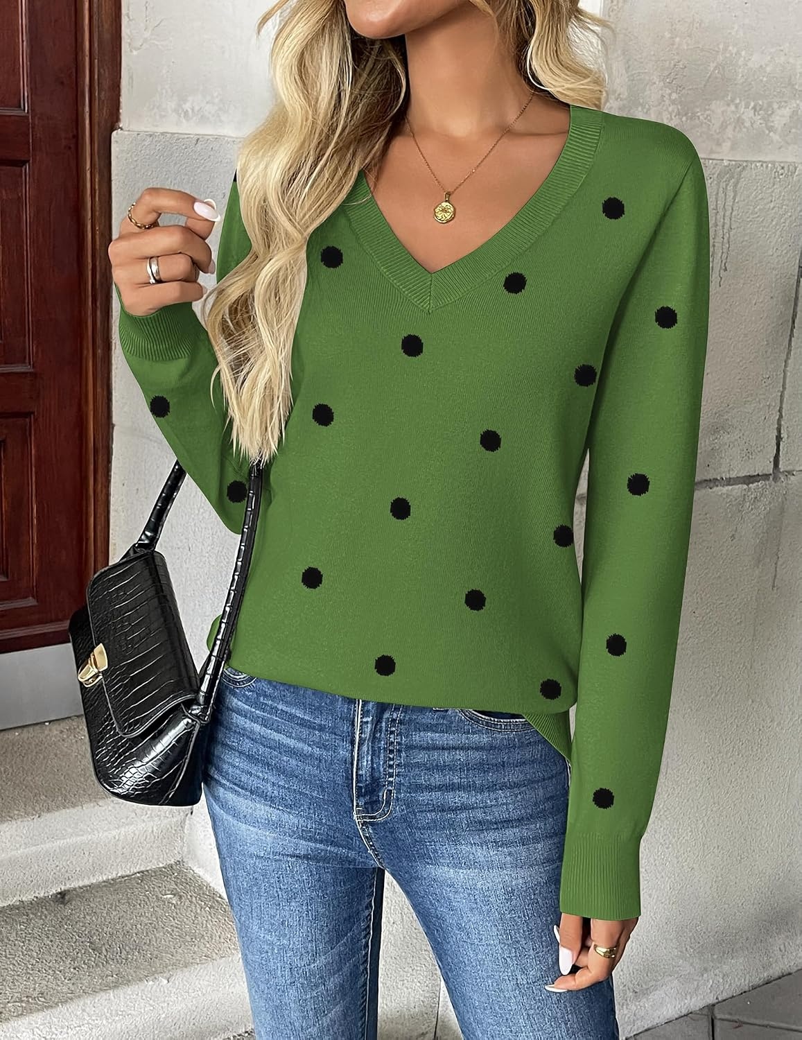 image:imageZeagoo Womens 2026 Fall V Neck Sweaters Long Sleeve Tops Fashion ClothingPolka Dotgreen