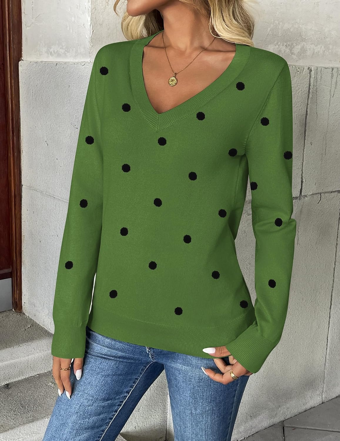image:imageZeagoo Womens 2026 Fall V Neck Sweaters Long Sleeve Tops Fashion ClothingPolka Dotgreen