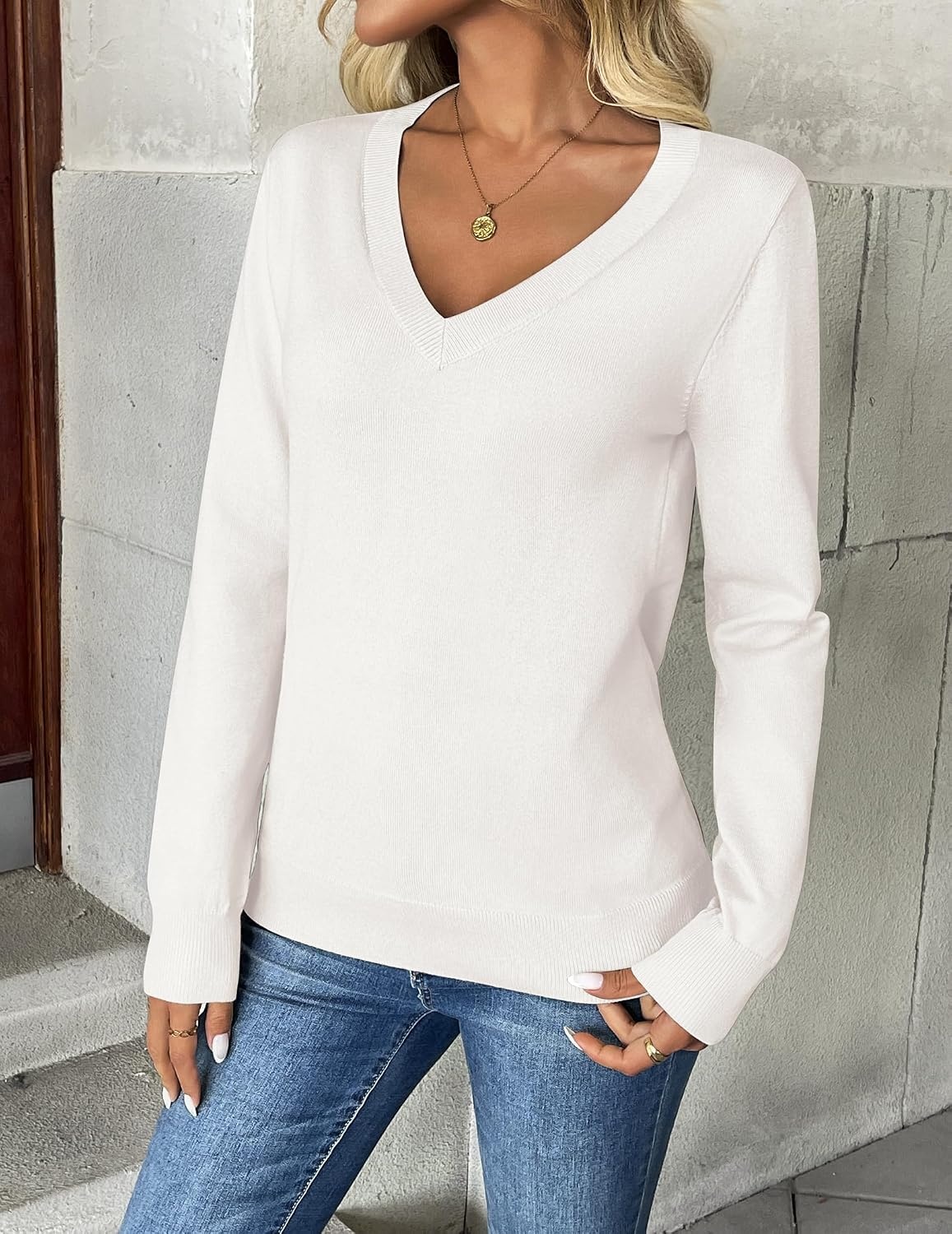 image:imageZeagoo Womens 2026 Fall V Neck Sweaters Long Sleeve Tops Fashion ClothingWhite