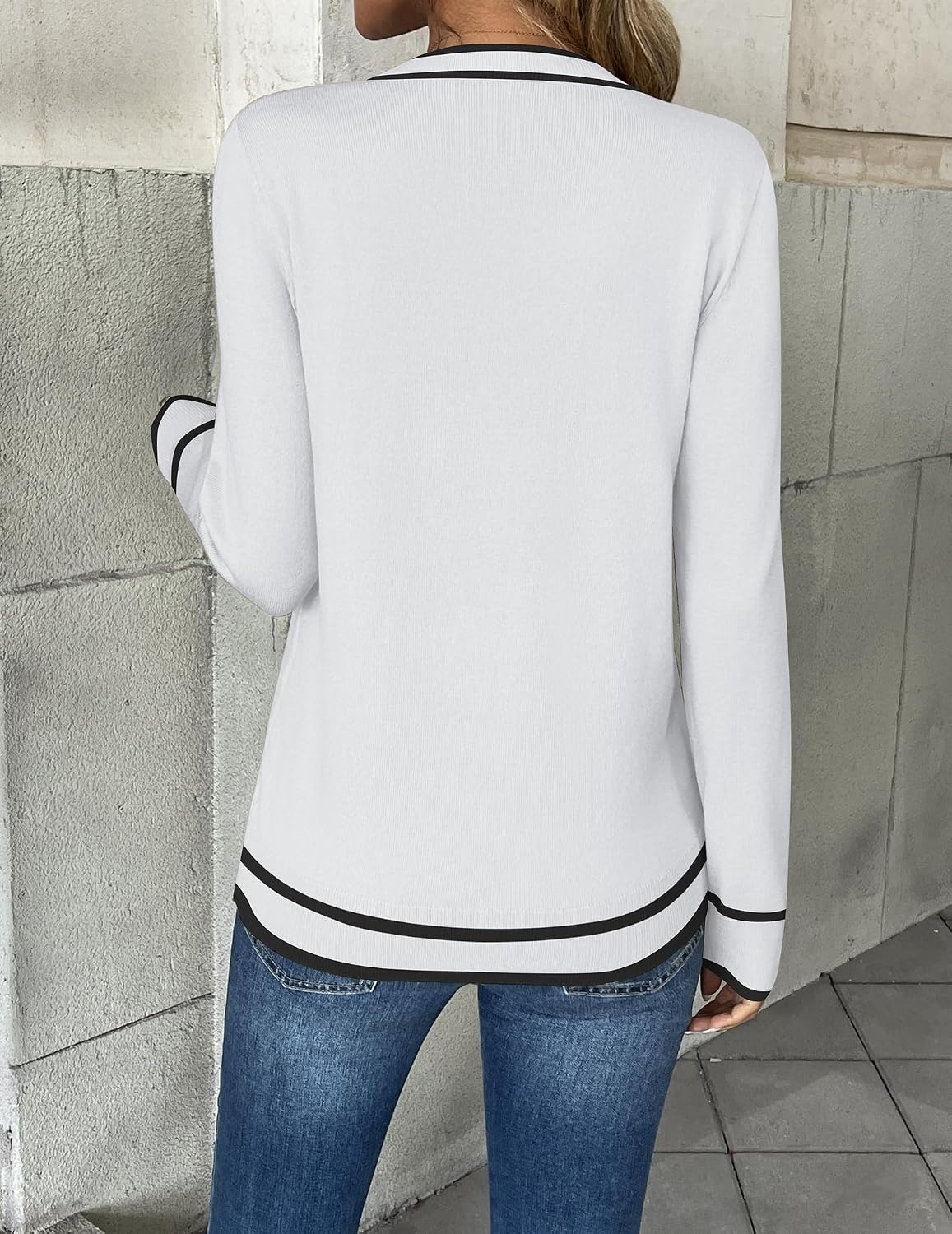 image:imageZeagoo Womens 2026 Fall V Neck Sweaters Long Sleeve Tops Fashion ClothingWhite Stripe