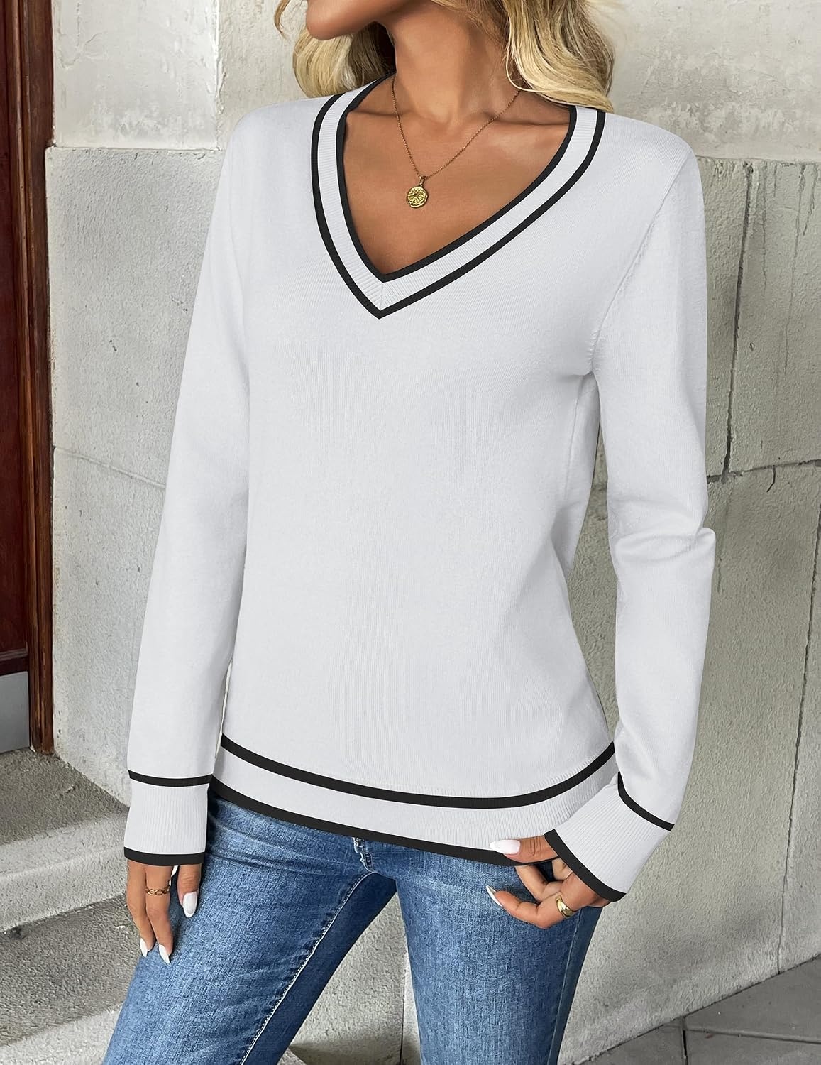 image:imageZeagoo Womens 2026 Fall V Neck Sweaters Long Sleeve Tops Fashion ClothingWhite Stripe