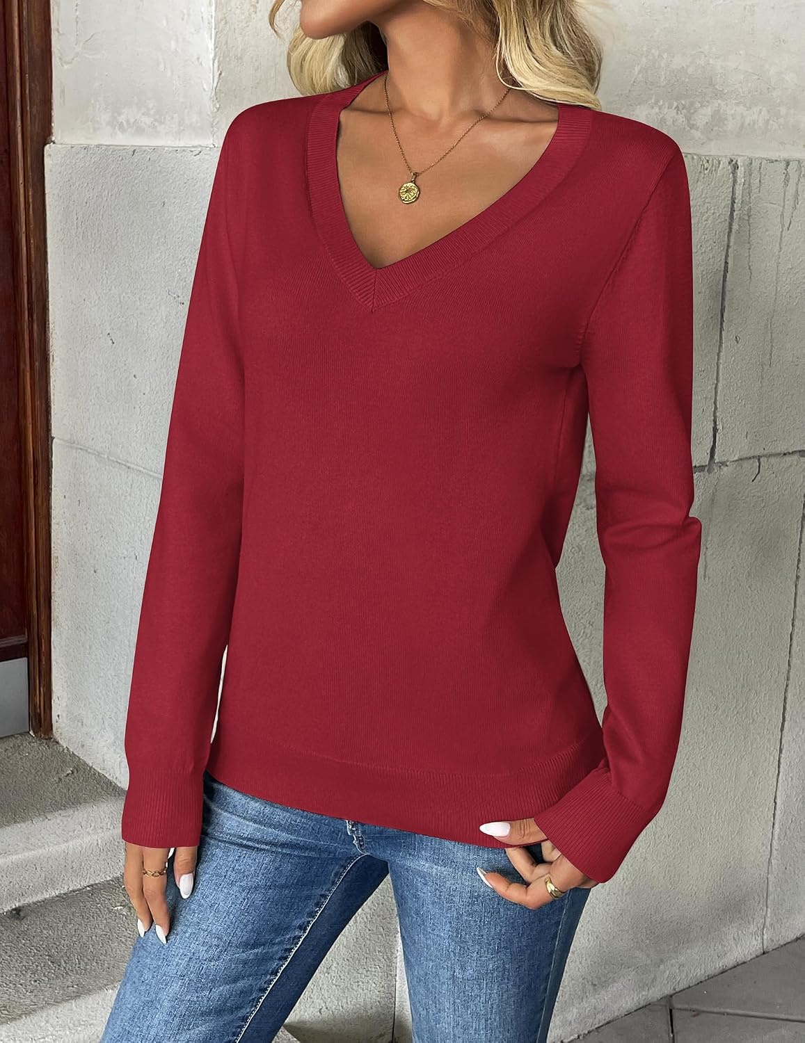 image:imageZeagoo Womens 2026 Fall V Neck Sweaters Long Sleeve Tops Fashion ClothingWine Red
