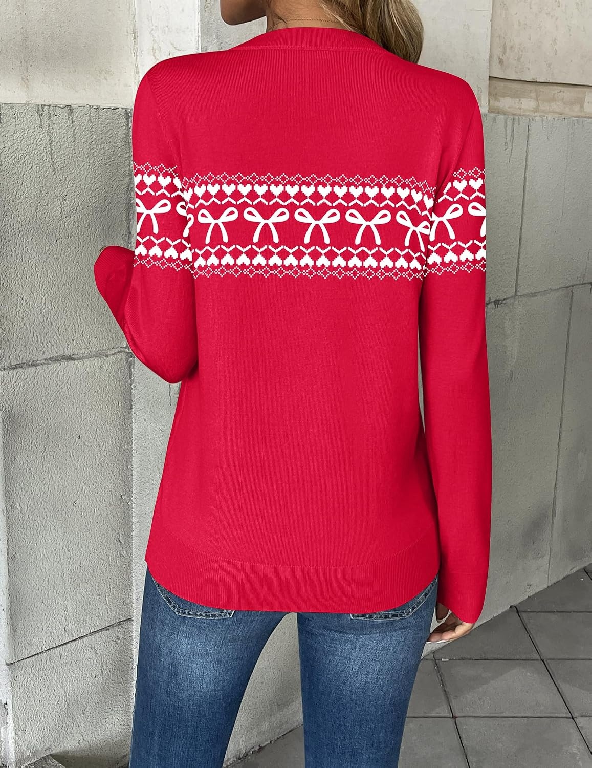 image:imageZeagoo Womens 2026 Fall V Neck Sweaters Long Sleeve Tops Fashion ClothingWj111bowknot Red