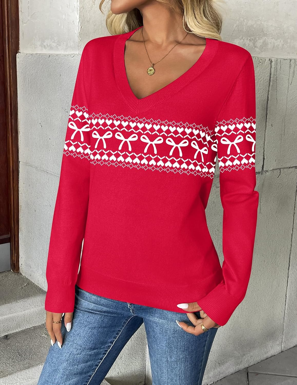 image:imageZeagoo Womens 2026 Fall V Neck Sweaters Long Sleeve Tops Fashion ClothingWj111bowknot Red
