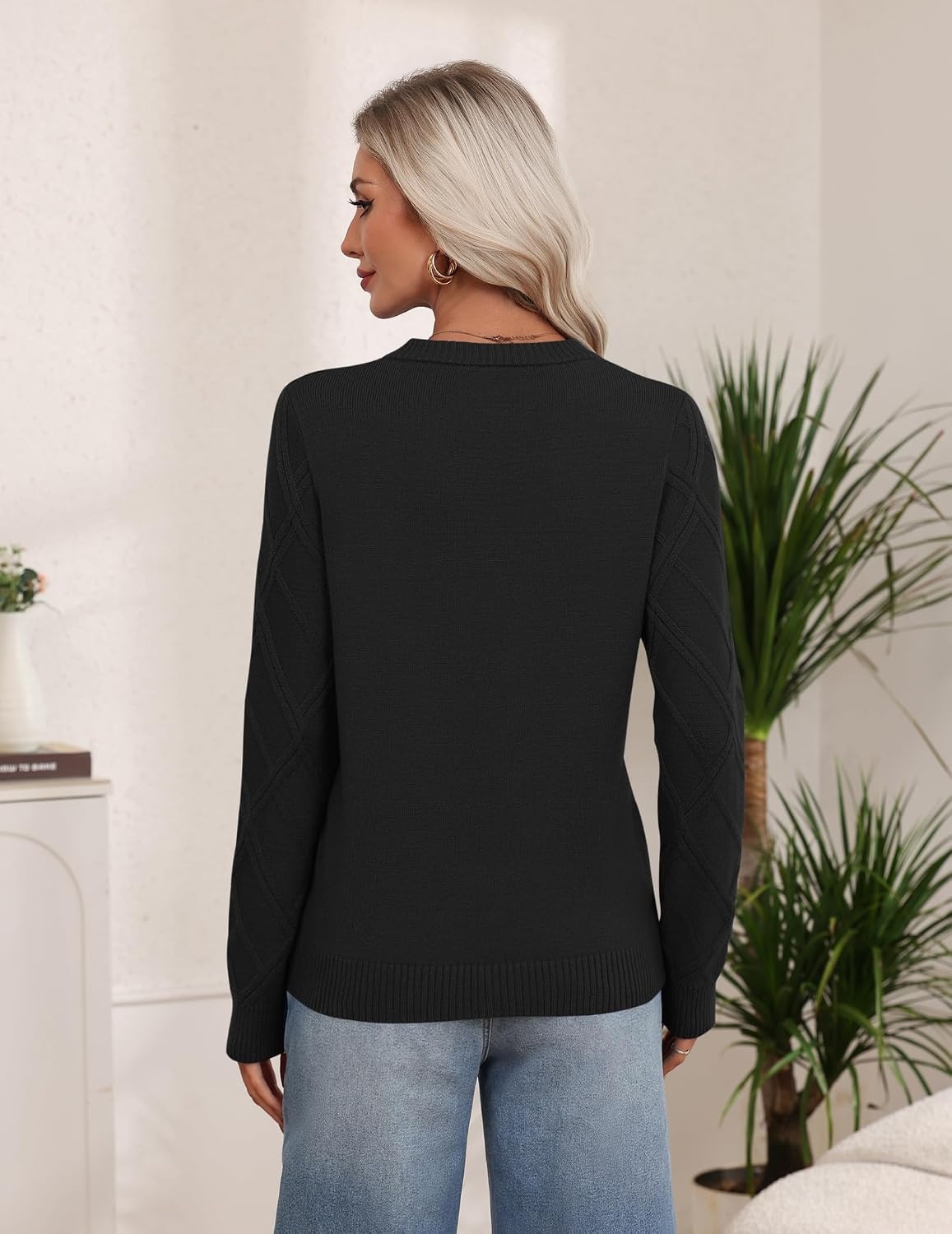 image:imageZeagoo Womens Cable Knit Sweaters Fall Winter Long Sleeve Crewneck TopsBlack