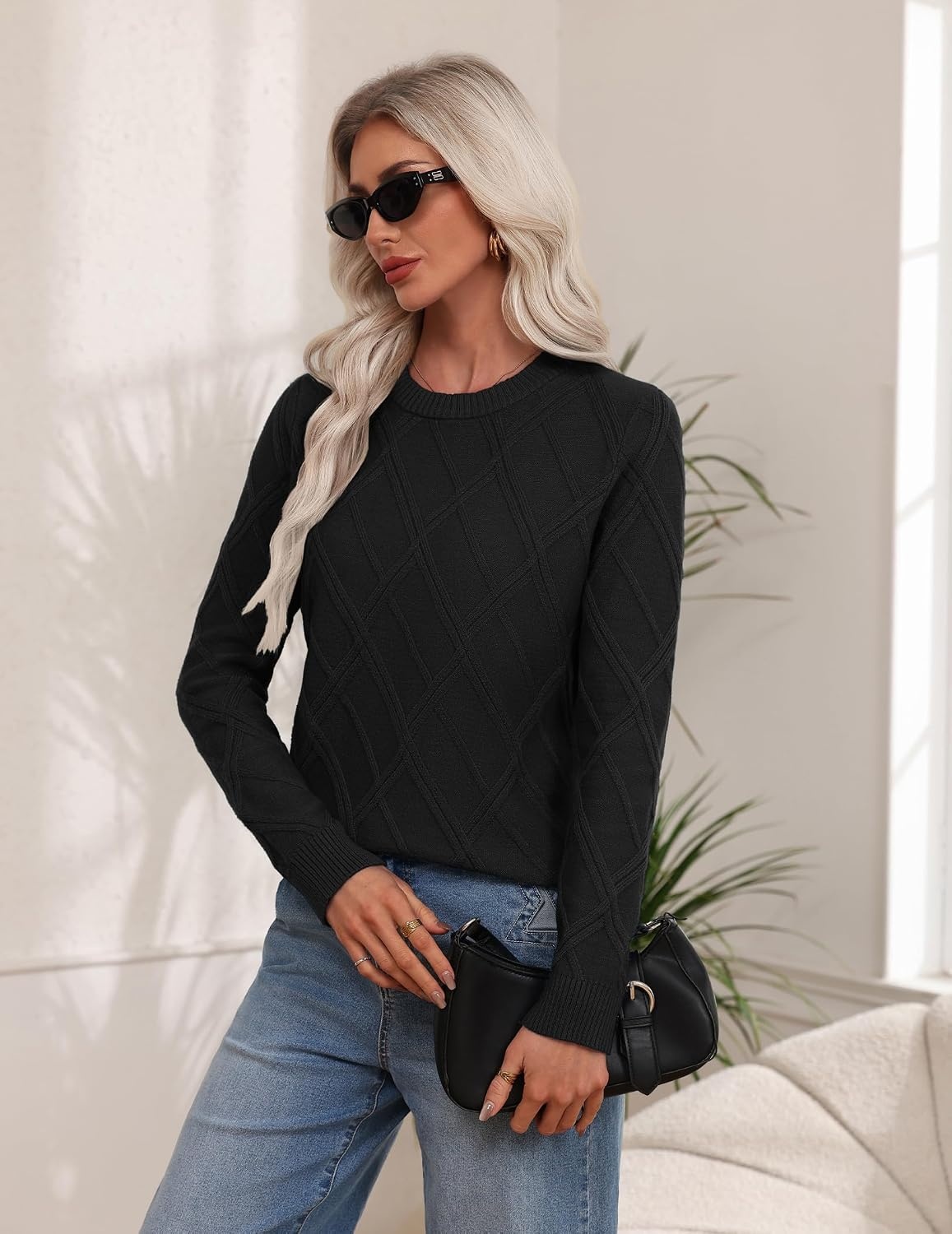 image:imageZeagoo Womens Cable Knit Sweaters Fall Winter Long Sleeve Crewneck TopsBlack