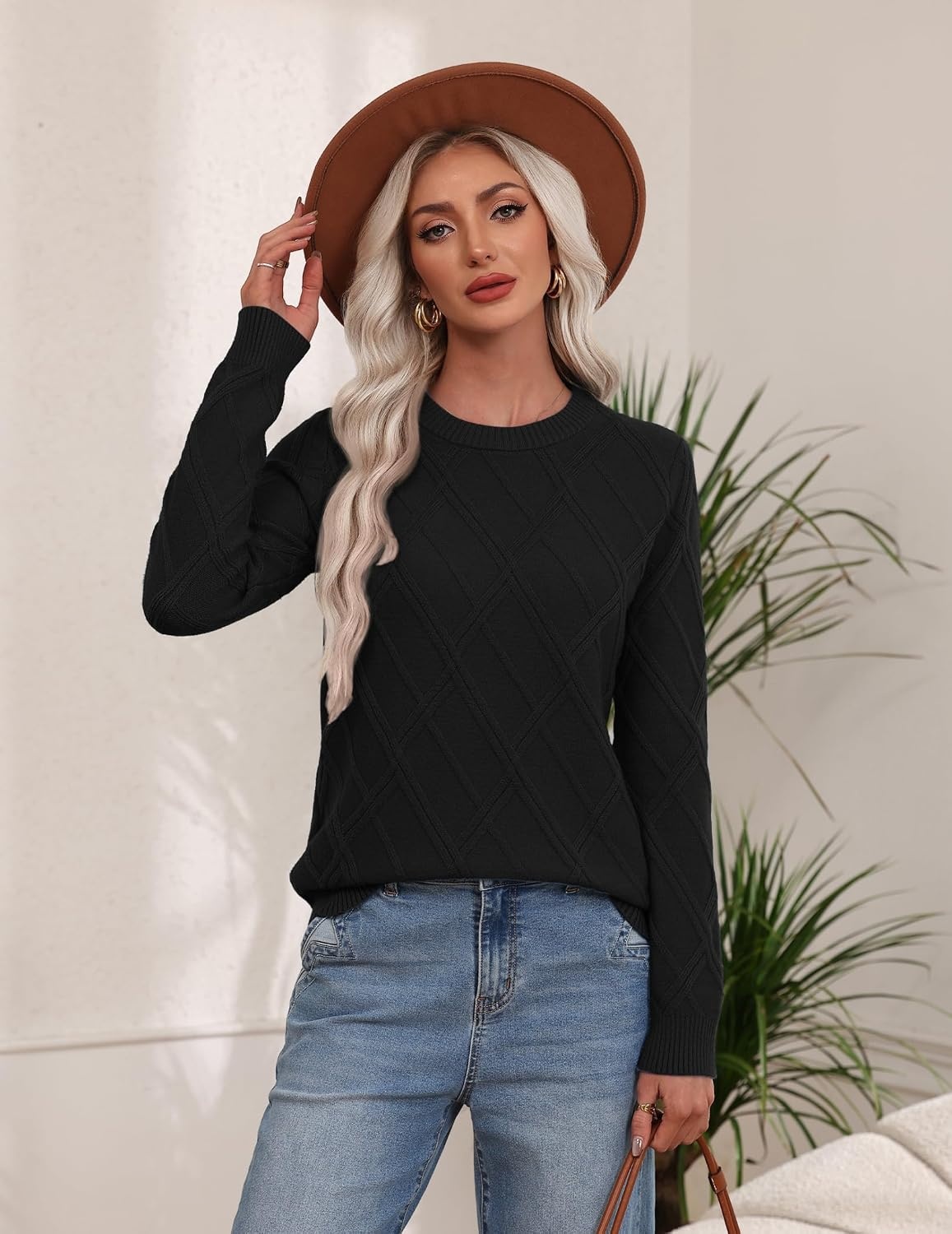 image:imageZeagoo Womens Cable Knit Sweaters Fall Winter Long Sleeve Crewneck TopsBlack