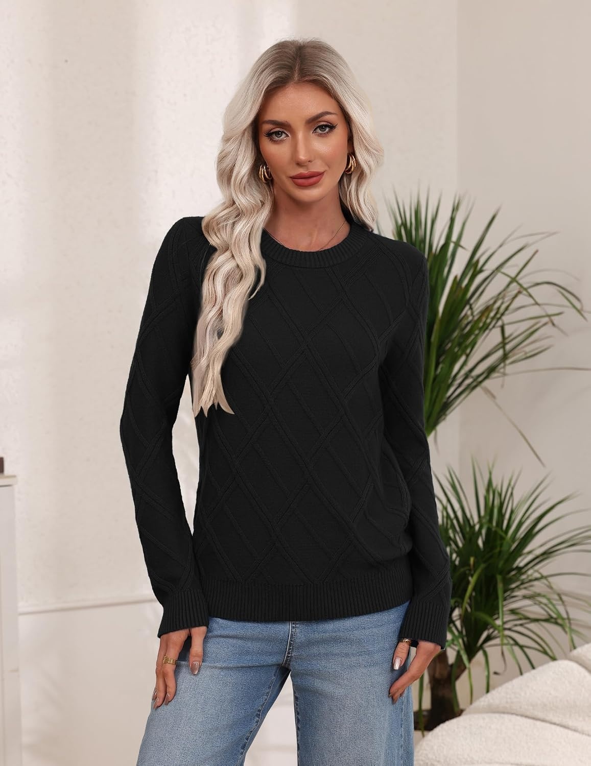 image:imageZeagoo Womens Cable Knit Sweaters Fall Winter Long Sleeve Crewneck TopsBlack