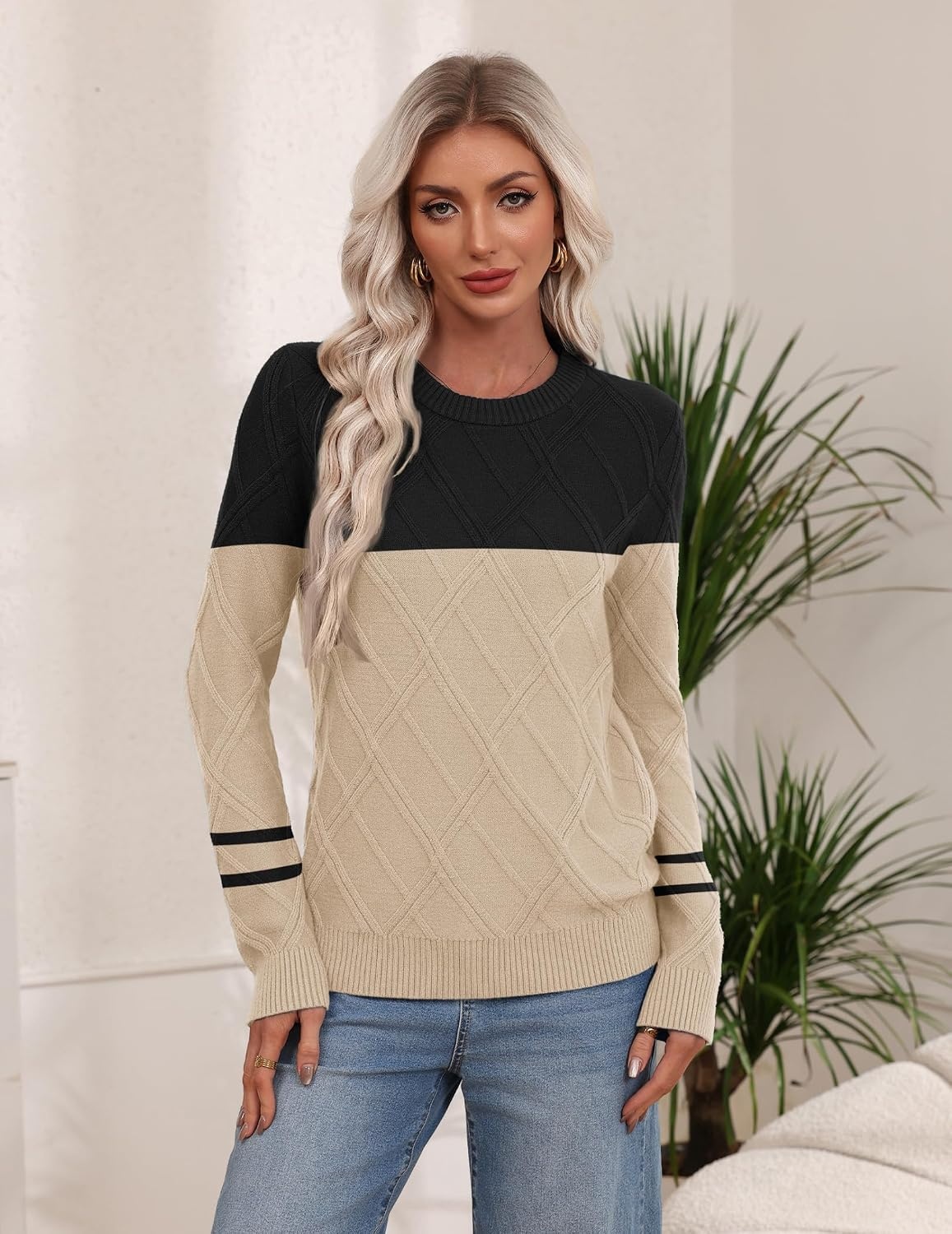 image:imageZeagoo Womens Cable Knit Sweaters Fall Winter Long Sleeve Crewneck TopsColorblockbeige