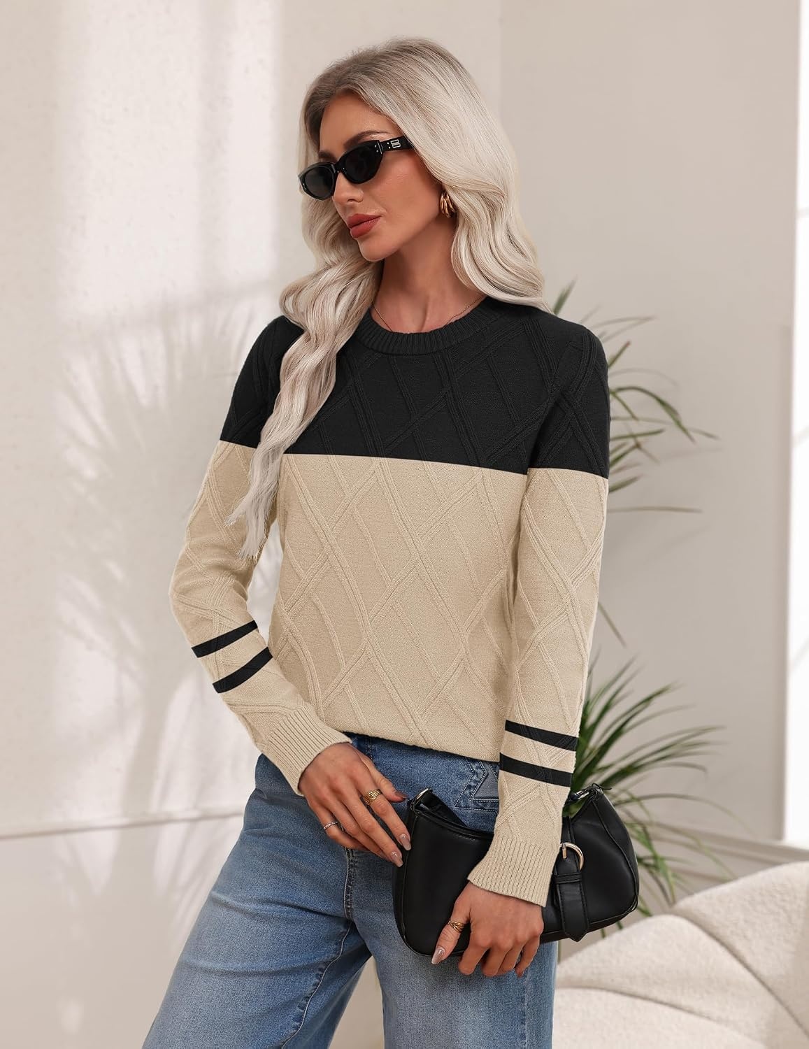 image:imageZeagoo Womens Cable Knit Sweaters Fall Winter Long Sleeve Crewneck TopsColorblockbeige