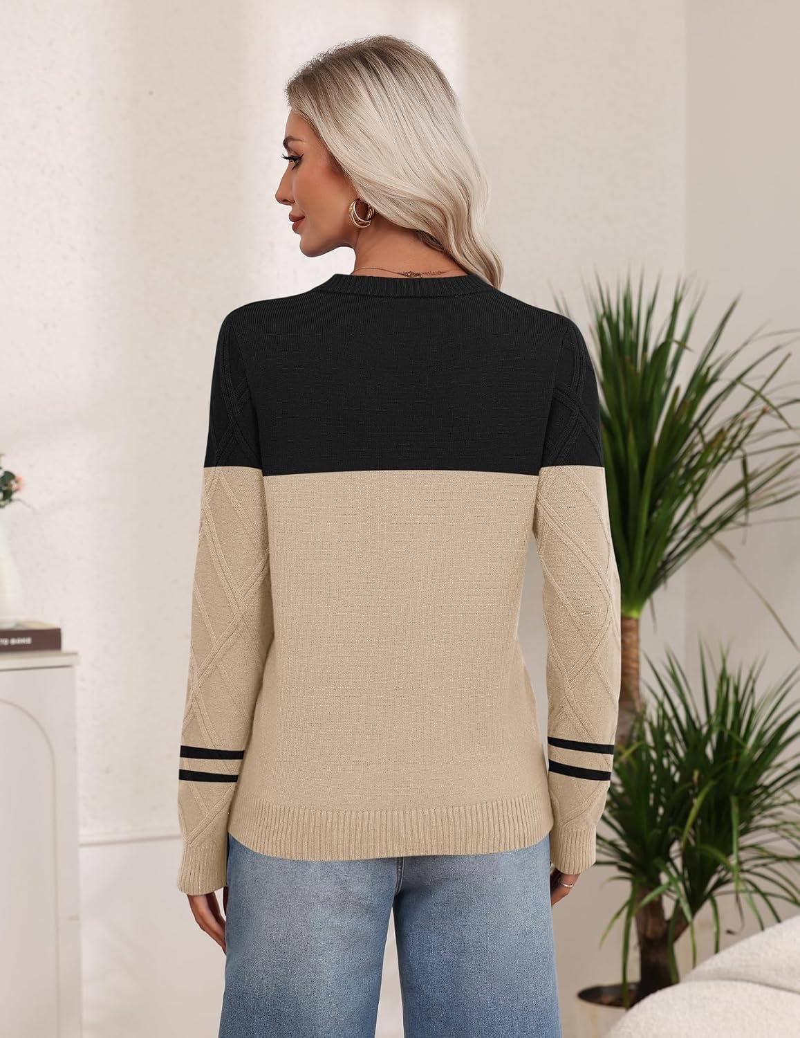 image:imageZeagoo Womens Cable Knit Sweaters Fall Winter Long Sleeve Crewneck TopsColorblockbeige