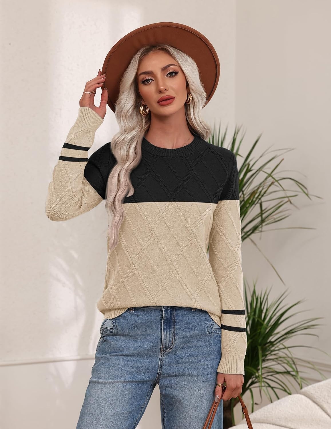 image:imageZeagoo Womens Cable Knit Sweaters Fall Winter Long Sleeve Crewneck TopsColorblockbeige