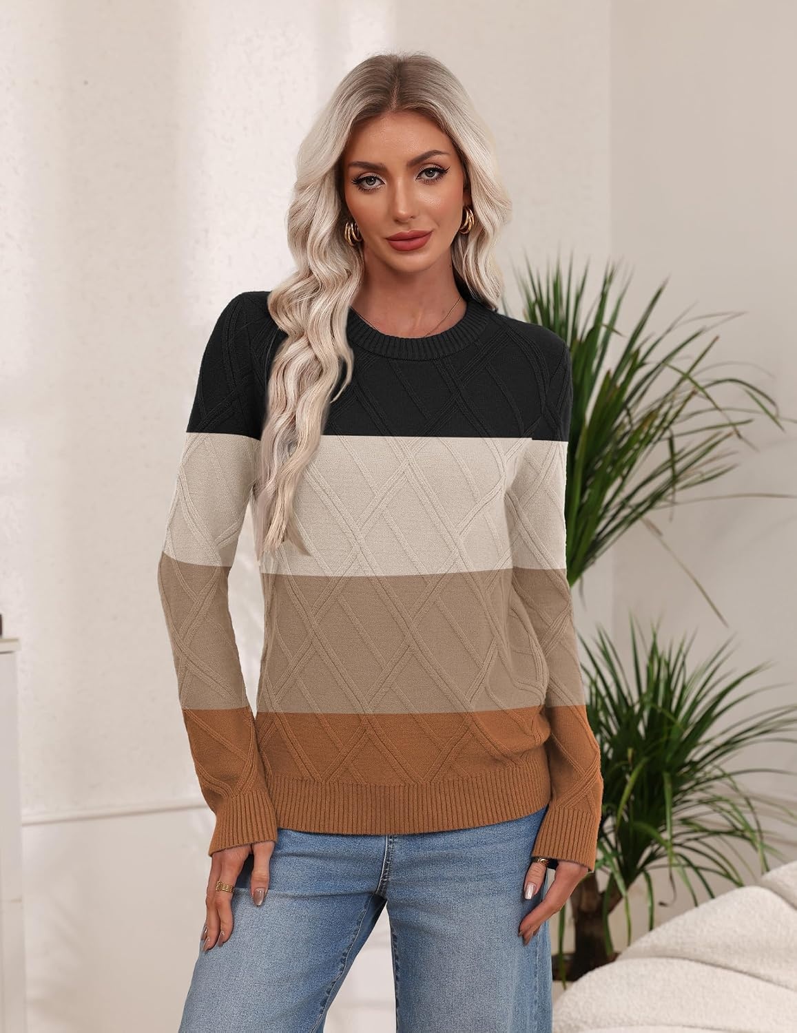 image:imageZeagoo Womens Cable Knit Sweaters Fall Winter Long Sleeve Crewneck TopsColorblockbrown